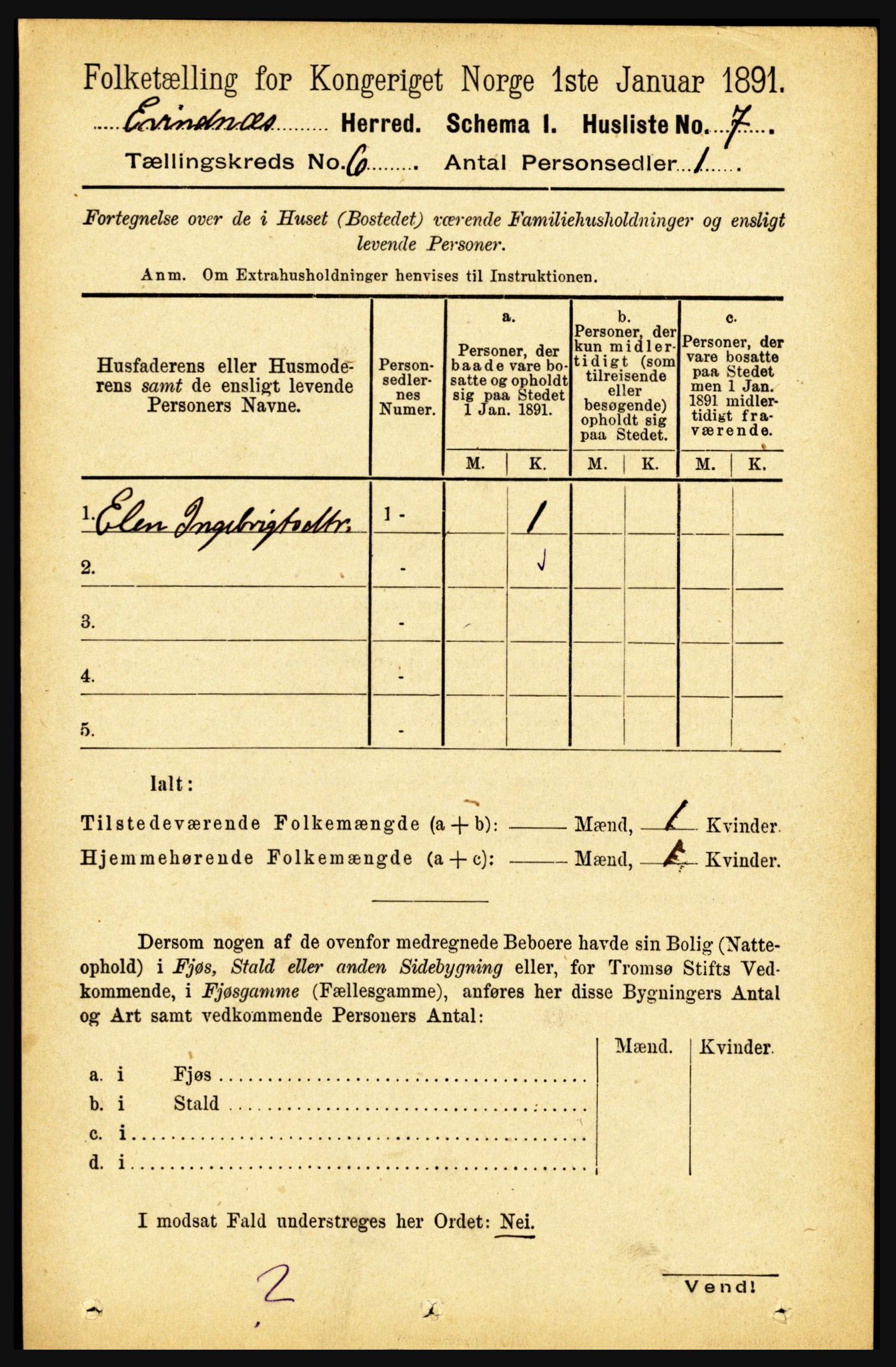 RA, Folketelling 1891 for 1853 Evenes herred, 1891, s. 1891