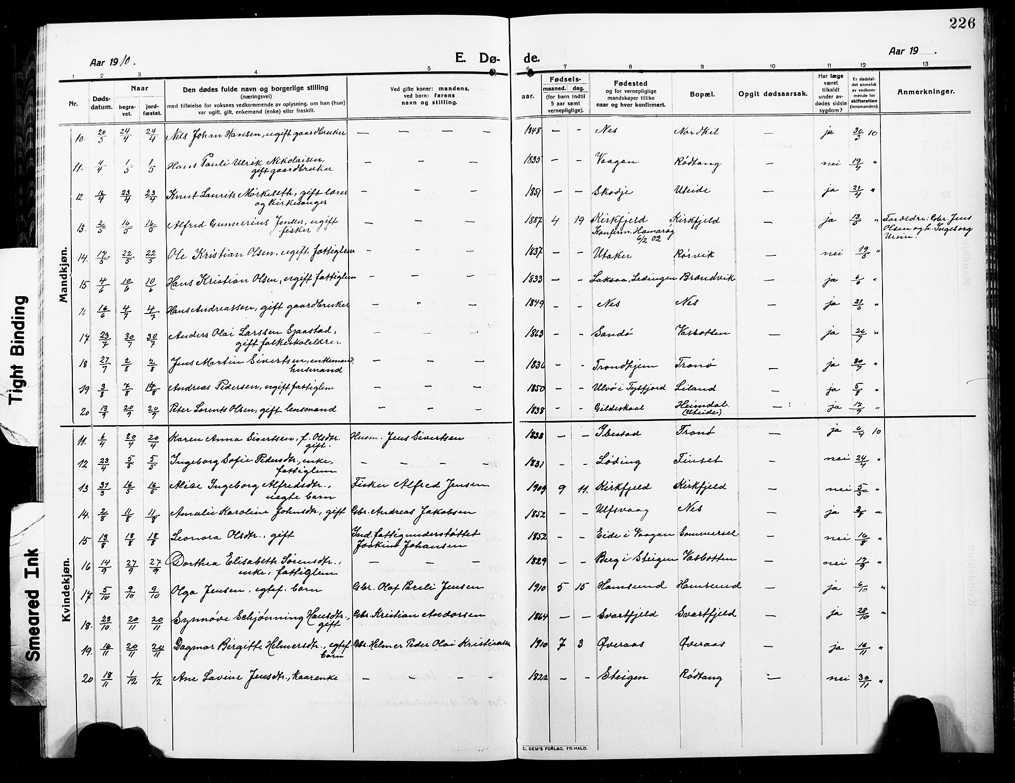 Ministerialprotokoller, klokkerbøker og fødselsregistre - Nordland, AV/SAT-A-1459/859/L0861: Klokkerbok nr. 859C07, 1910-1925, s. 226