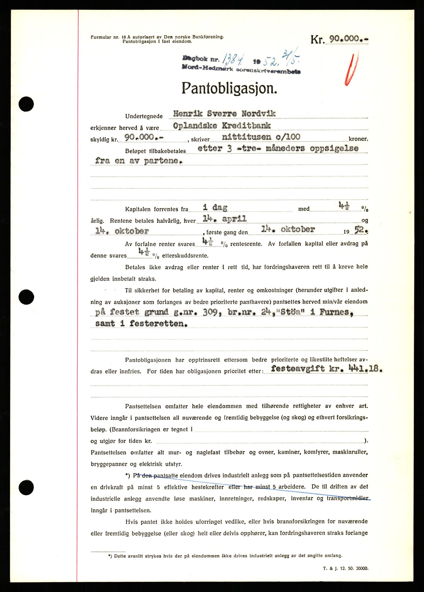 Nord-Hedmark sorenskriveri, SAH/TING-012/H/Hb/Hbf/L0025: Pantebok nr. B25, 1952-1952, Dagboknr: 1384/1952