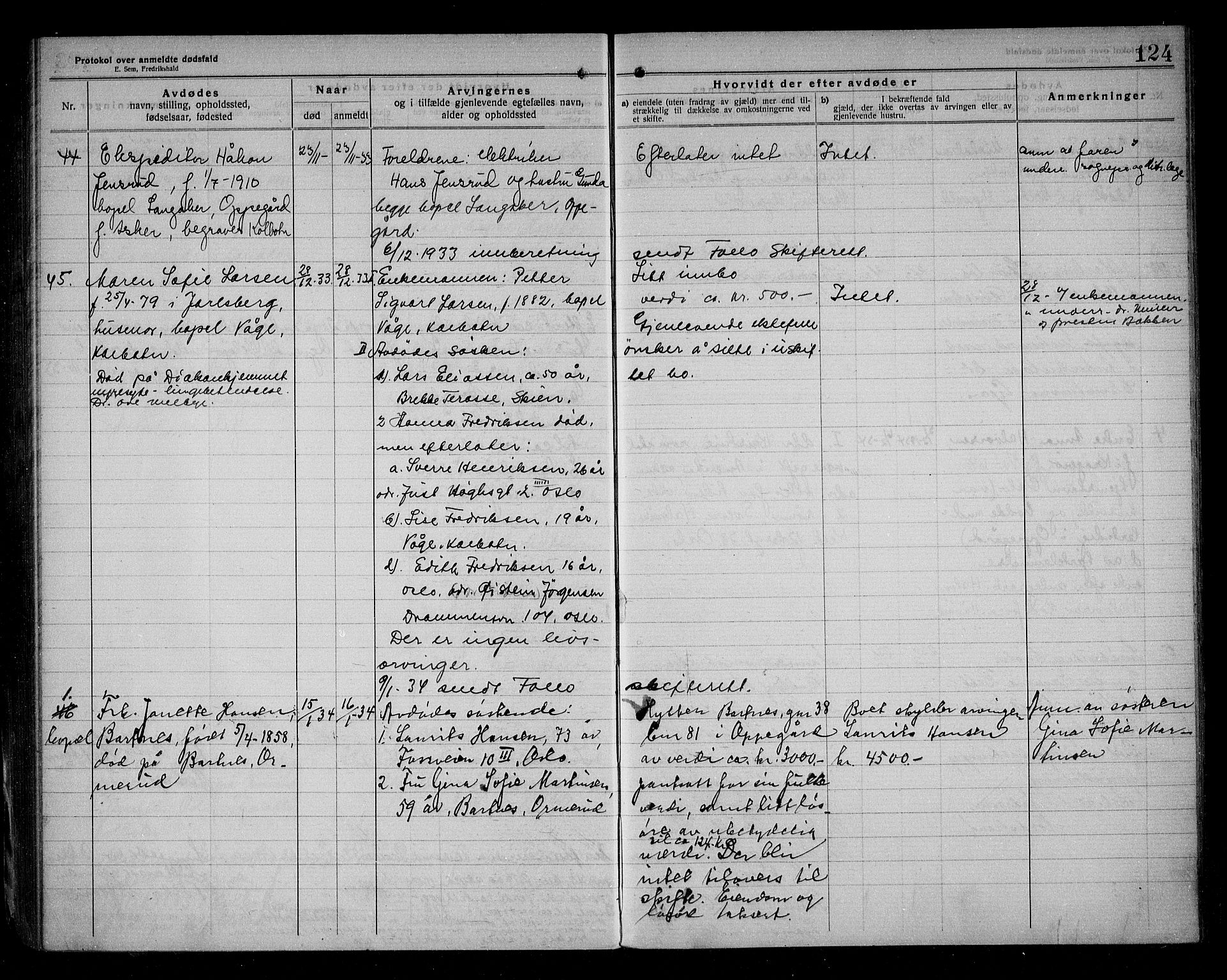 Oppegård lensmannskontor, SAO/A-10186/H/Ha/L0001: Dødsfallsprotokoll, 1922-1936, s. 124