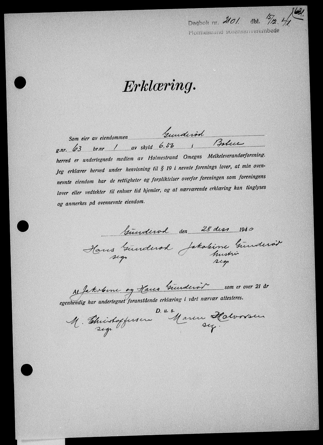 Holmestrand sorenskriveri, SAKO/A-67/G/Ga/Gaa/L0054: Pantebok nr. A-54, 1941-1942, Dagboknr: 2101/1941