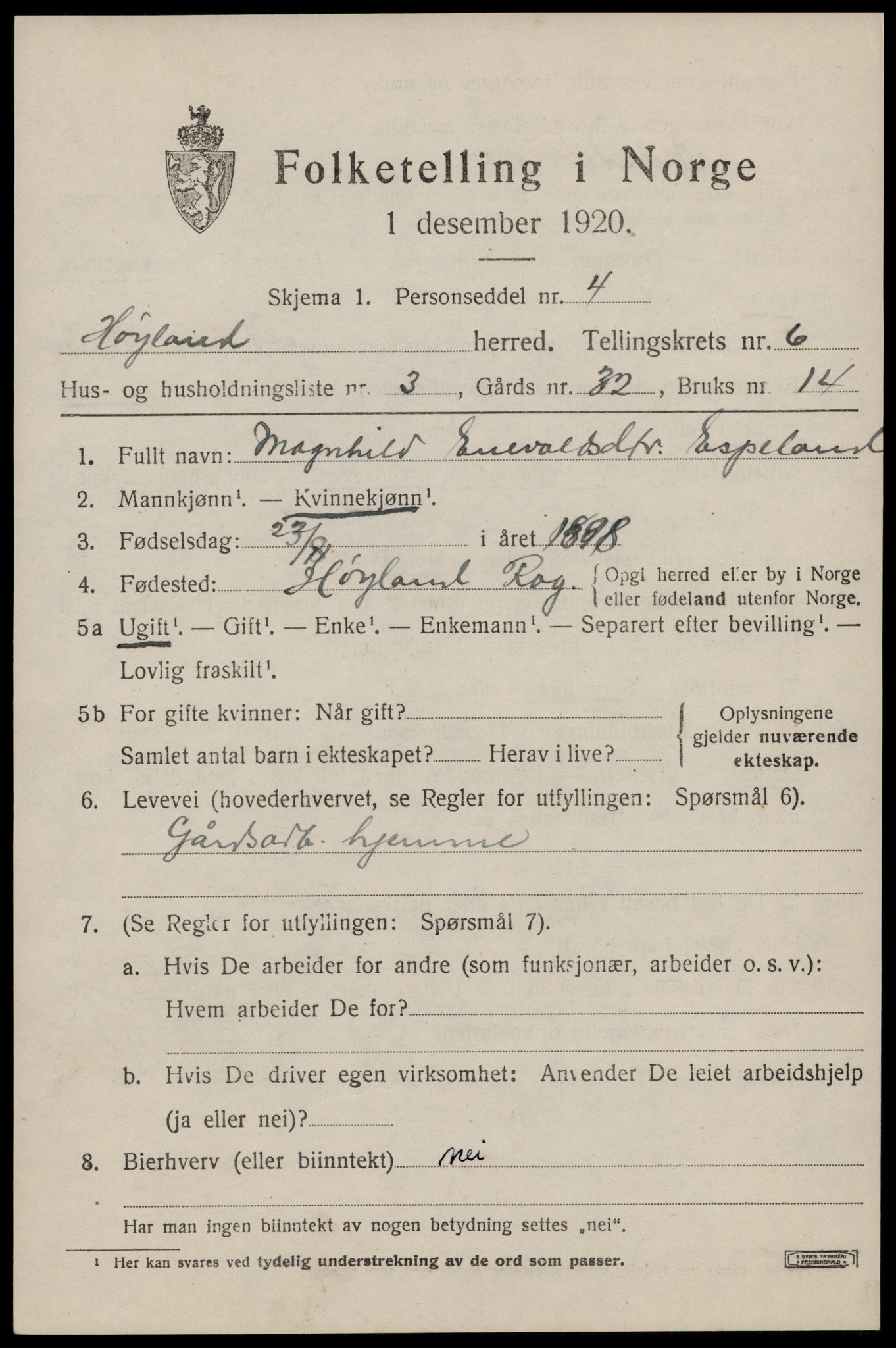 SAST, Folketelling 1920 for 1123 Høyland herred, 1920, s. 4294