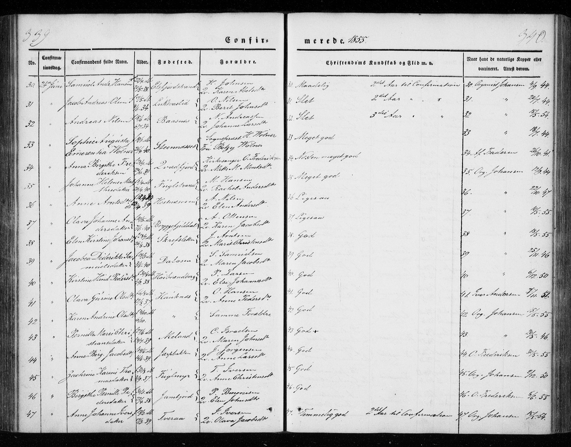 Ministerialprotokoller, klokkerbøker og fødselsregistre - Nordland, AV/SAT-A-1459/825/L0355: Ministerialbok nr. 825A09, 1842-1863, s. 339-340