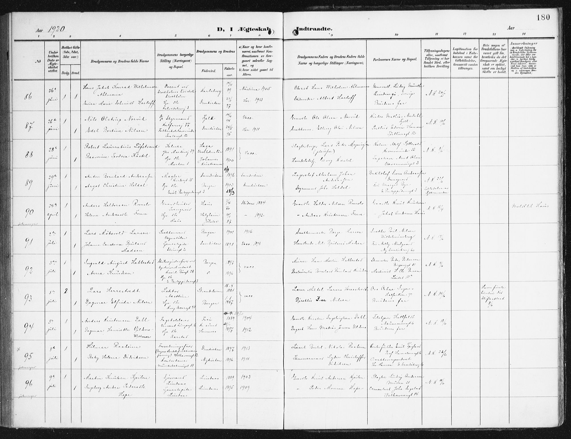 Domkirken sokneprestembete, AV/SAB-A-74801/H/Haa/L0038: Ministerialbok nr. D 5, 1906-1921, s. 180