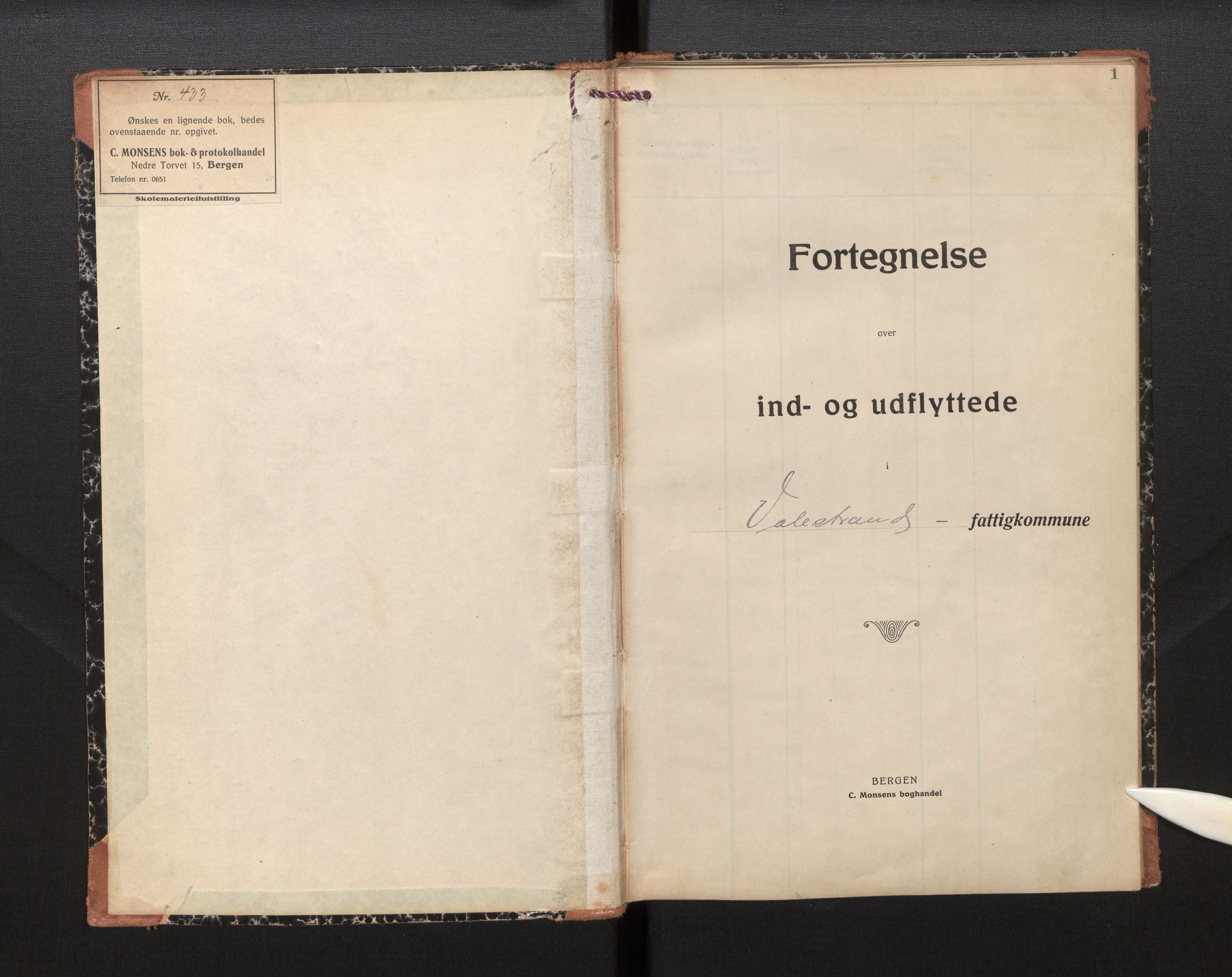 Lensmannen i Sveio, SAB/A-35301/0020/L0007: Protokoll over inn- og utflytte i Valestrand, 1926-1943