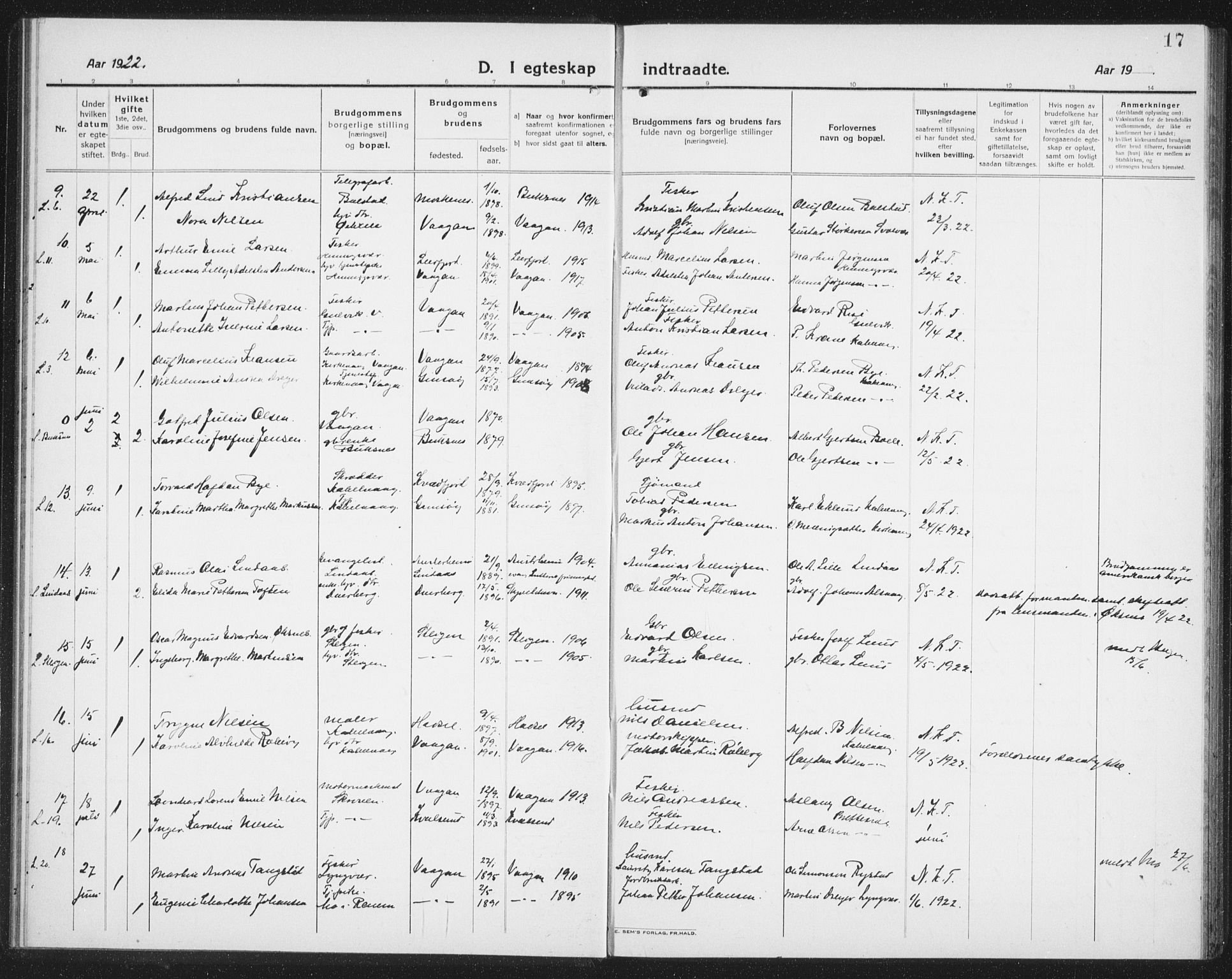 Ministerialprotokoller, klokkerbøker og fødselsregistre - Nordland, SAT/A-1459/874/L1082: Klokkerbok nr. 874C11, 1920-1939, s. 17