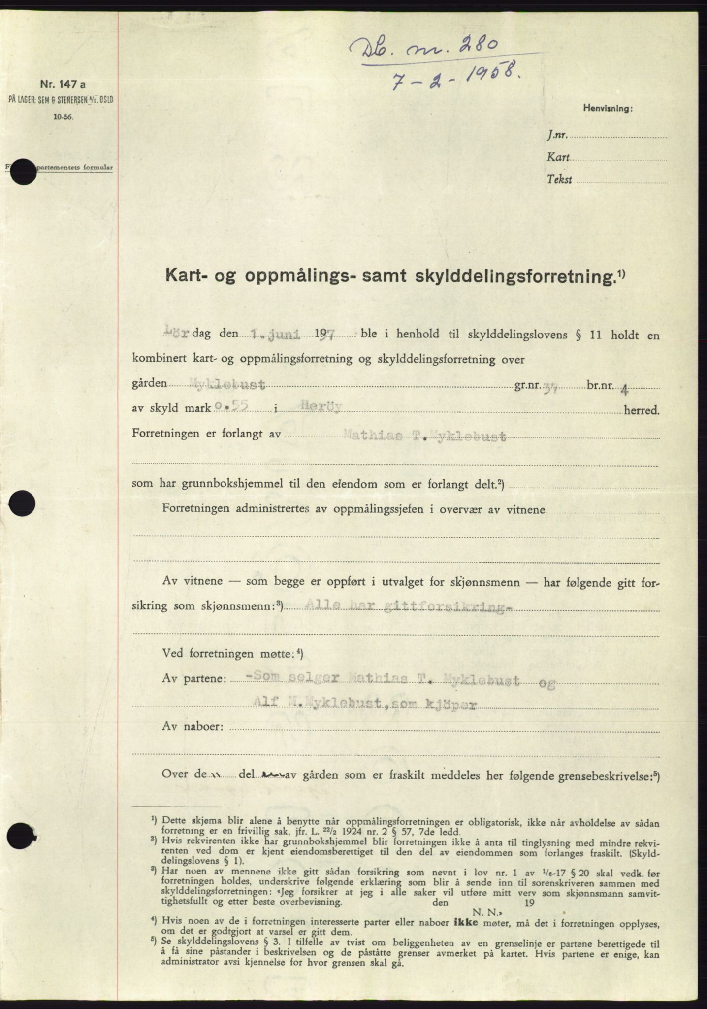 Søre Sunnmøre sorenskriveri, SAT/A-4122/1/2/2C/L0109: Pantebok nr. 35A, 1958-1958, Dagboknr: 280/1958