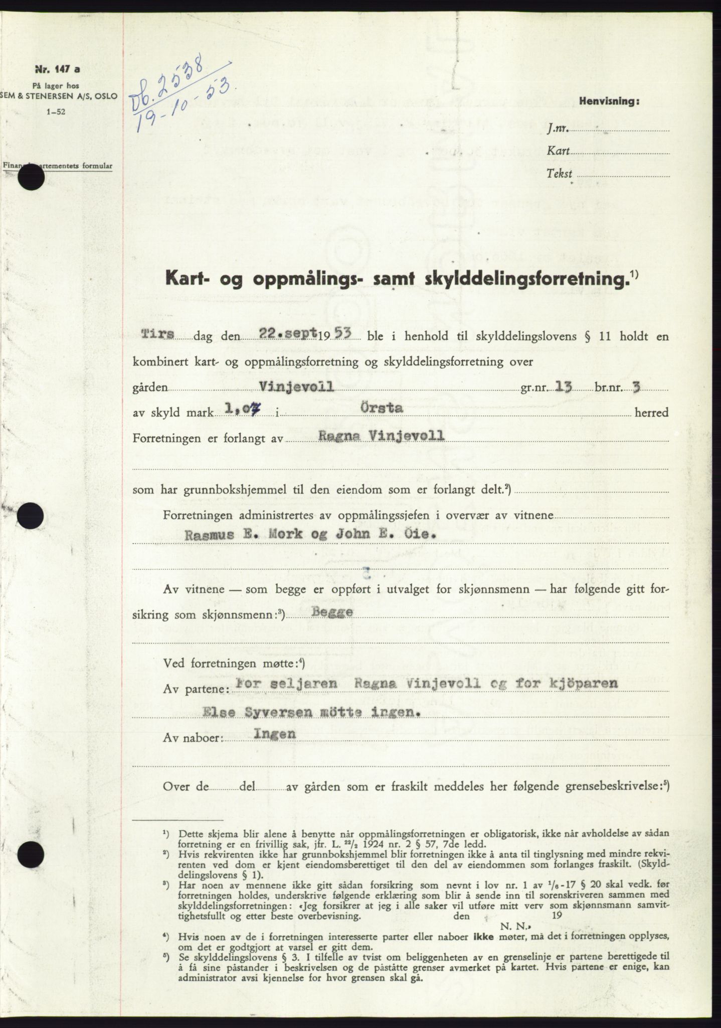 Søre Sunnmøre sorenskriveri, SAT/A-4122/1/2/2C/L0096: Pantebok nr. 22A, 1953-1954, Dagboknr: 2538/1953