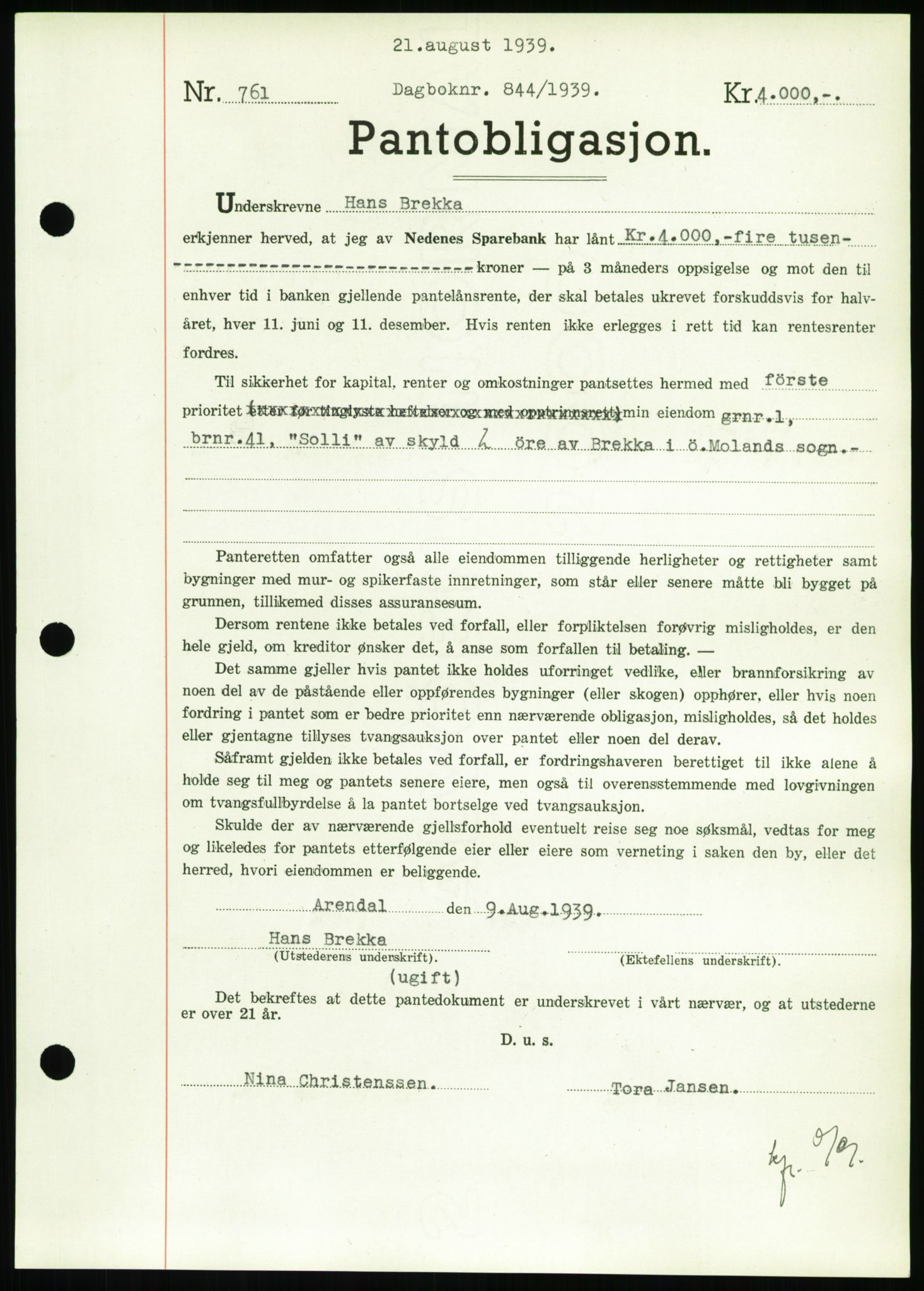 Nedenes sorenskriveri, SAK/1221-0006/G/Gb/Gbb/L0001: Pantebok nr. I, 1939-1942, Dagboknr: 844/1939