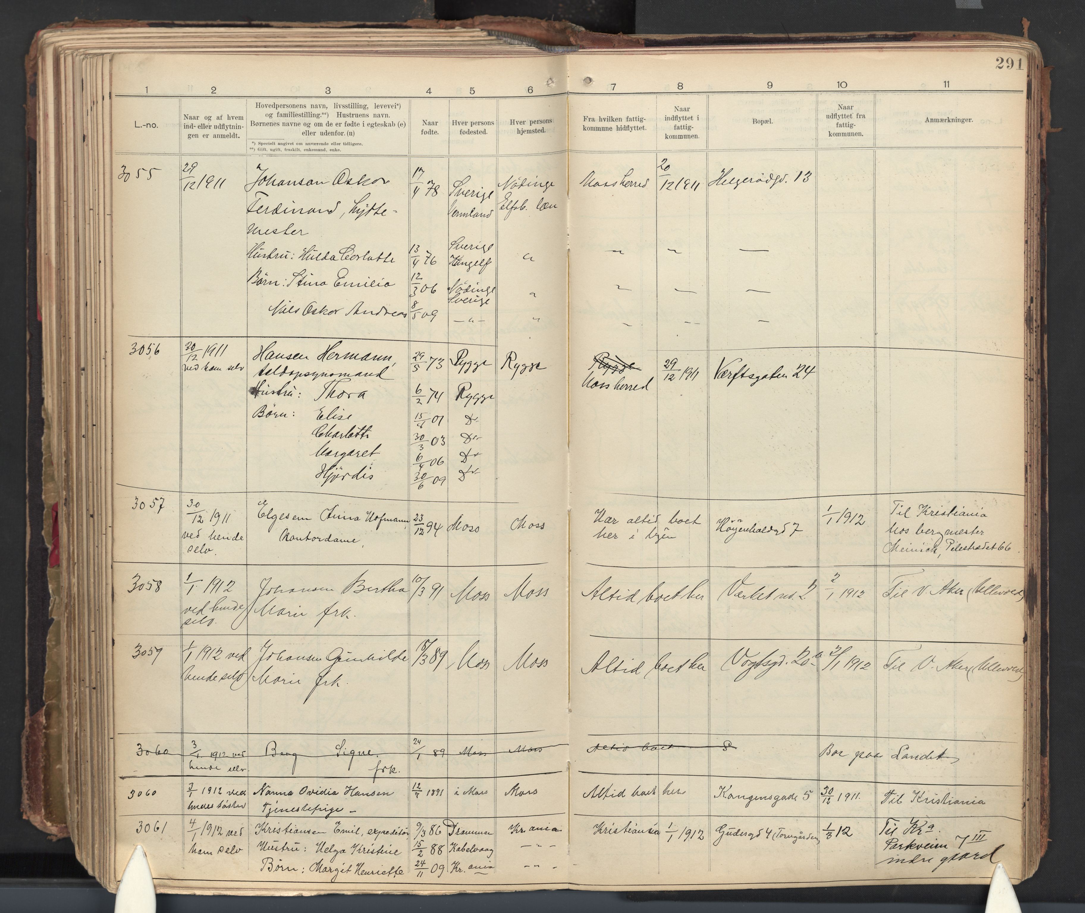 Moss folkeregister, AV/SAO-A-10020/J/L0002: Inn- og utflyttede i Moss fattigkommune, 1905-1913, s. 291
