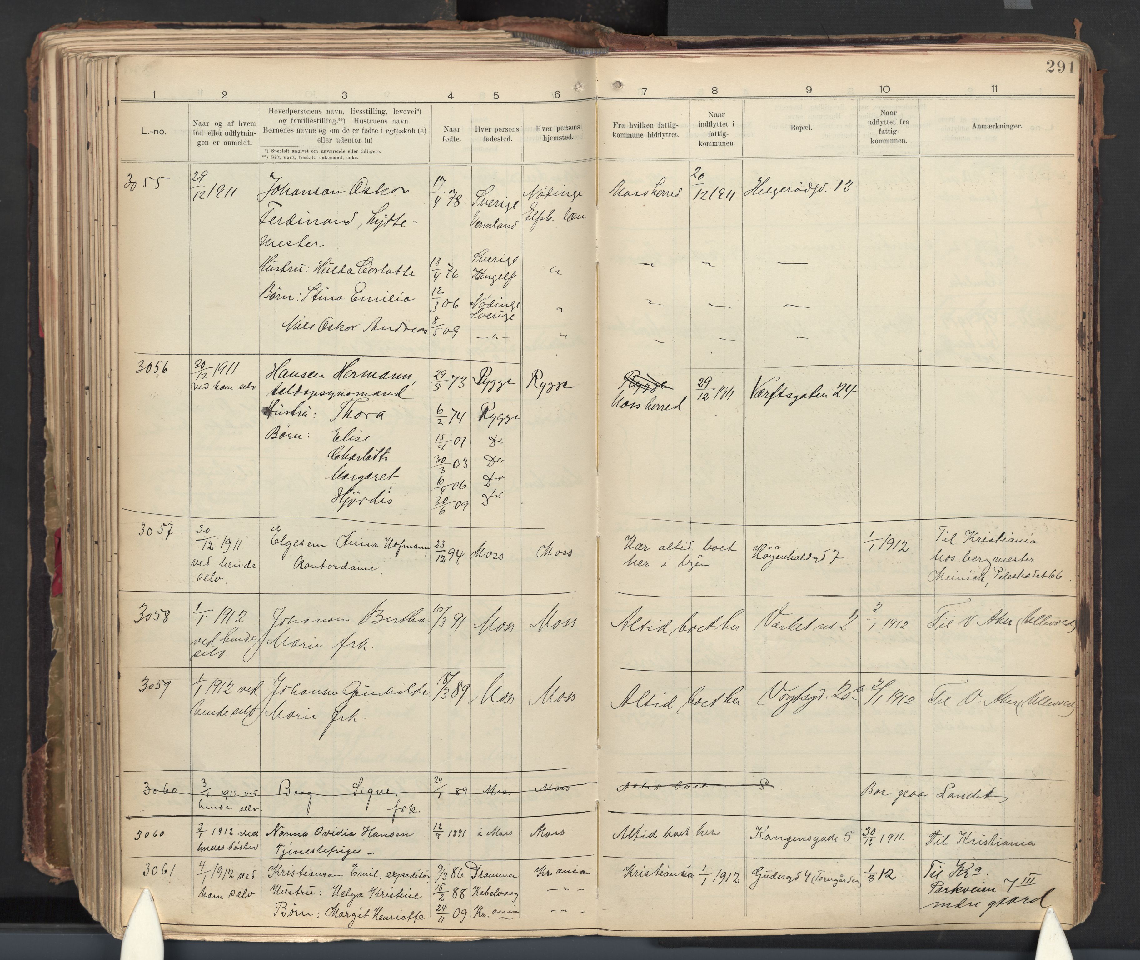 Moss folkeregister, SAO/A-10020/J/L0002: Inn- og utflyttede i Moss fattigkommune, 1905-1913, s. 291