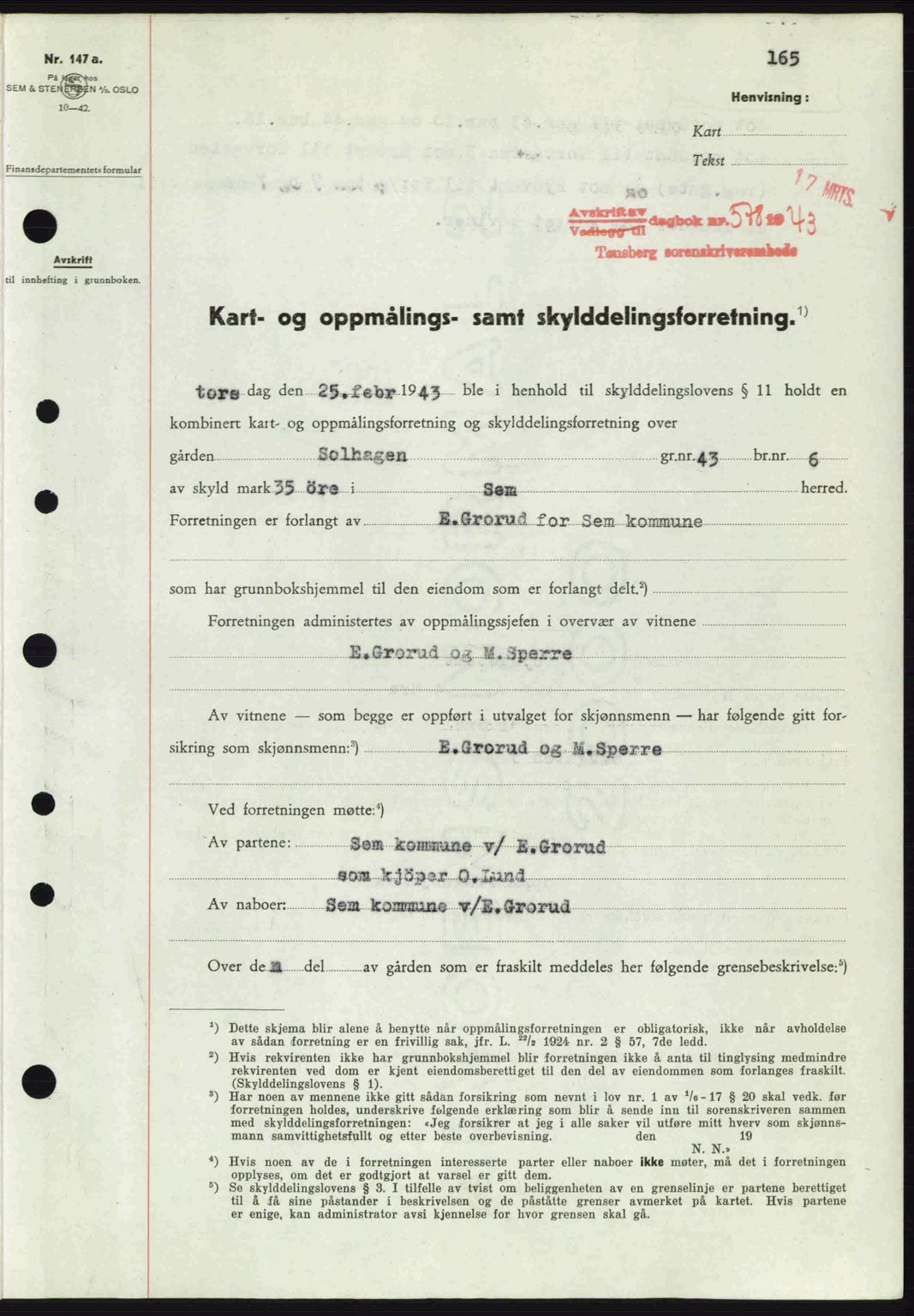 Jarlsberg sorenskriveri, SAKO/A-131/G/Ga/Gaa/L0013: Pantebok nr. A-13, 1942-1943, Dagboknr: 578/1943