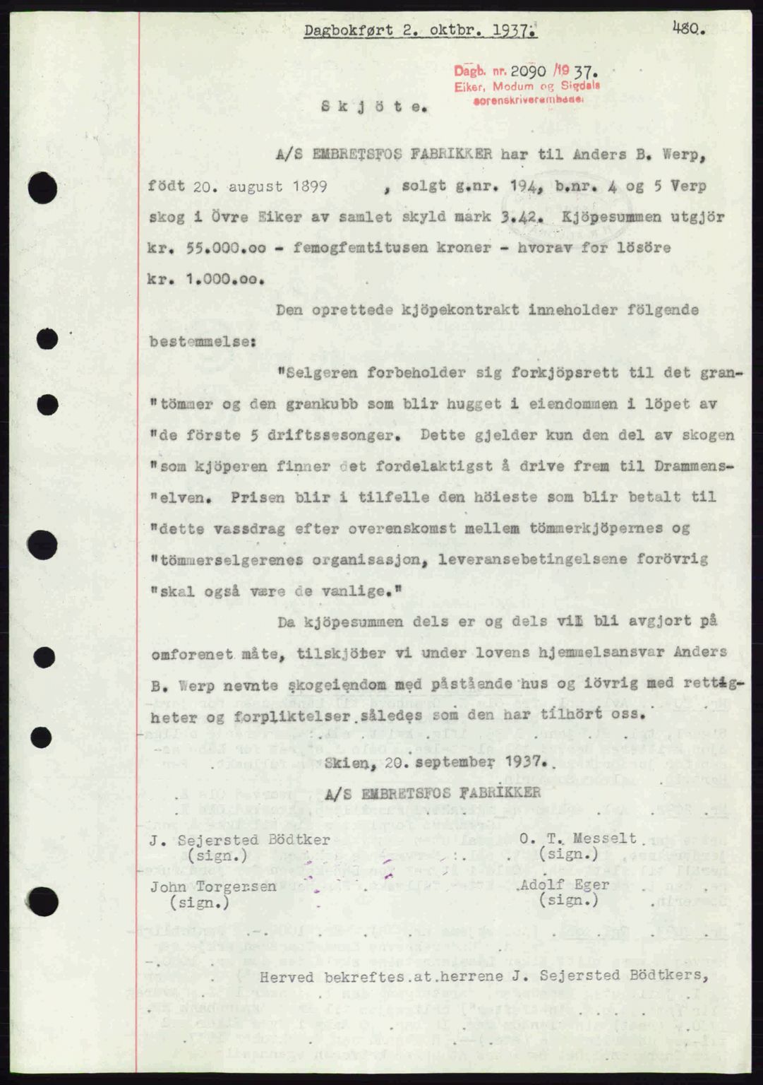 Eiker, Modum og Sigdal sorenskriveri, SAKO/A-123/G/Ga/Gab/L0036: Pantebok nr. A6, 1937-1937, Dagboknr: 2090/1937