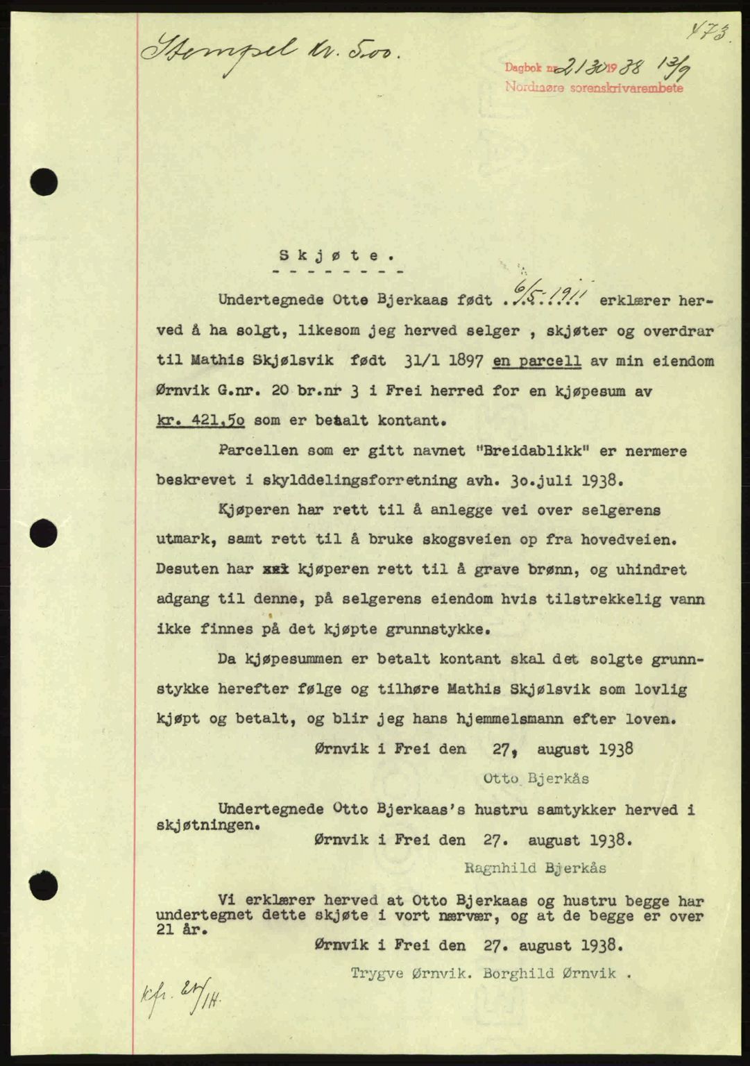 Nordmøre sorenskriveri, AV/SAT-A-4132/1/2/2Ca: Pantebok nr. A84, 1938-1938, Dagboknr: 2130/1938