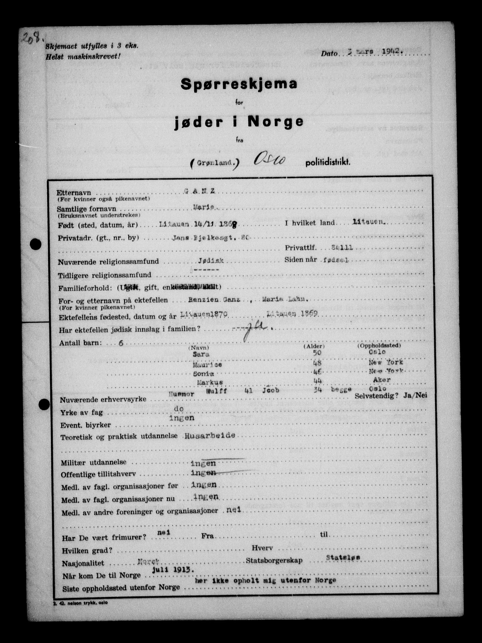 Statspolitiet - Hovedkontoret / Osloavdelingen, AV/RA-S-1329/G/Ga/L0009: Spørreskjema for jøder i Norge: Jøder bosatt i Oslo, Alexander - Gutman, 1942, s. 628
