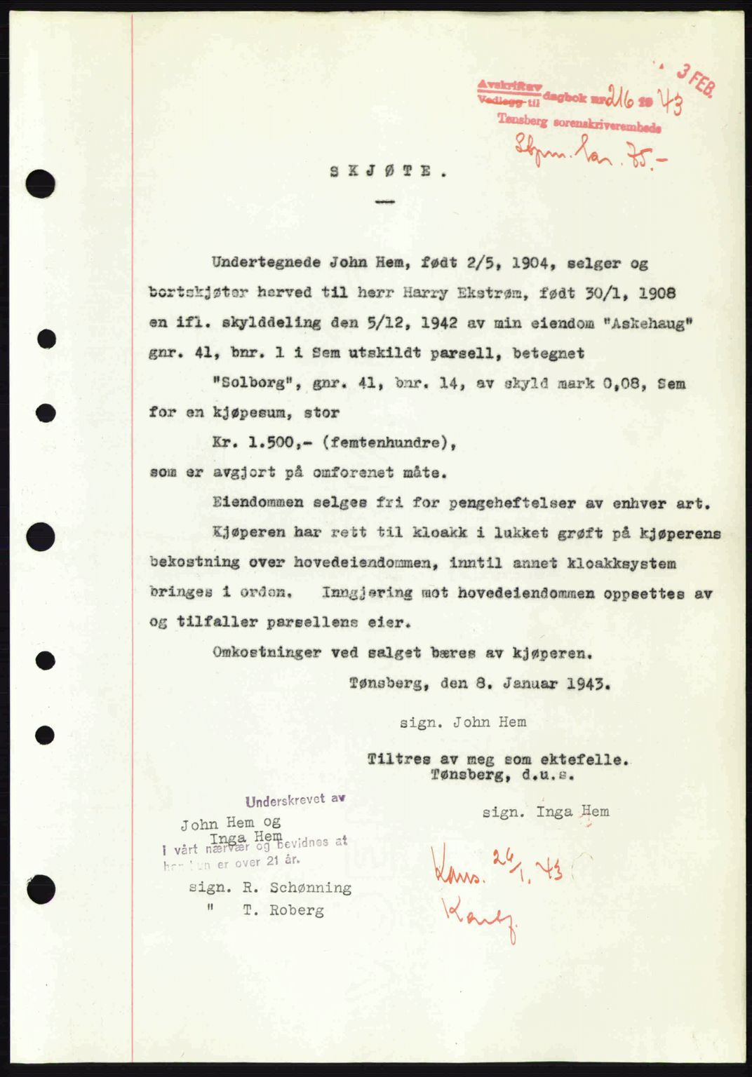 Jarlsberg sorenskriveri, SAKO/A-131/G/Ga/Gaa/L0013: Pantebok nr. A-13, 1942-1943, Dagboknr: 216/1943