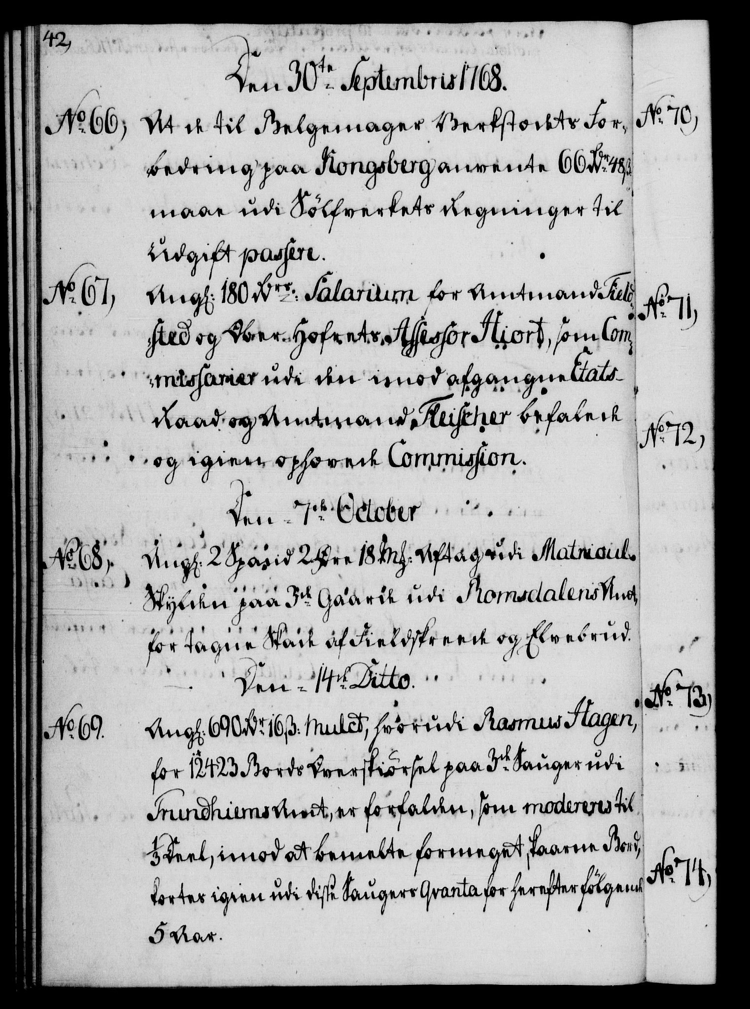 Rentekammeret, Kammerkanselliet, RA/EA-3111/G/Gf/Gfb/L0008: Register til norske relasjons- og resolusjonsprotokoller (merket RK 52.103), 1766-1771, s. 42