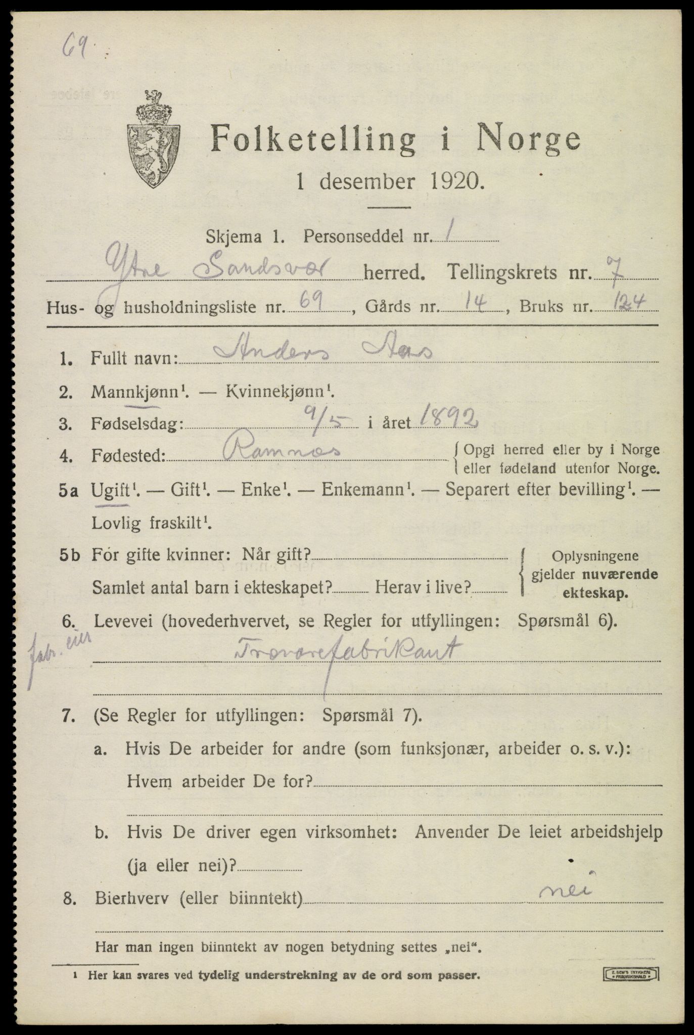 SAKO, Folketelling 1920 for 0629 Ytre Sandsvær herred, 1920, s. 6878