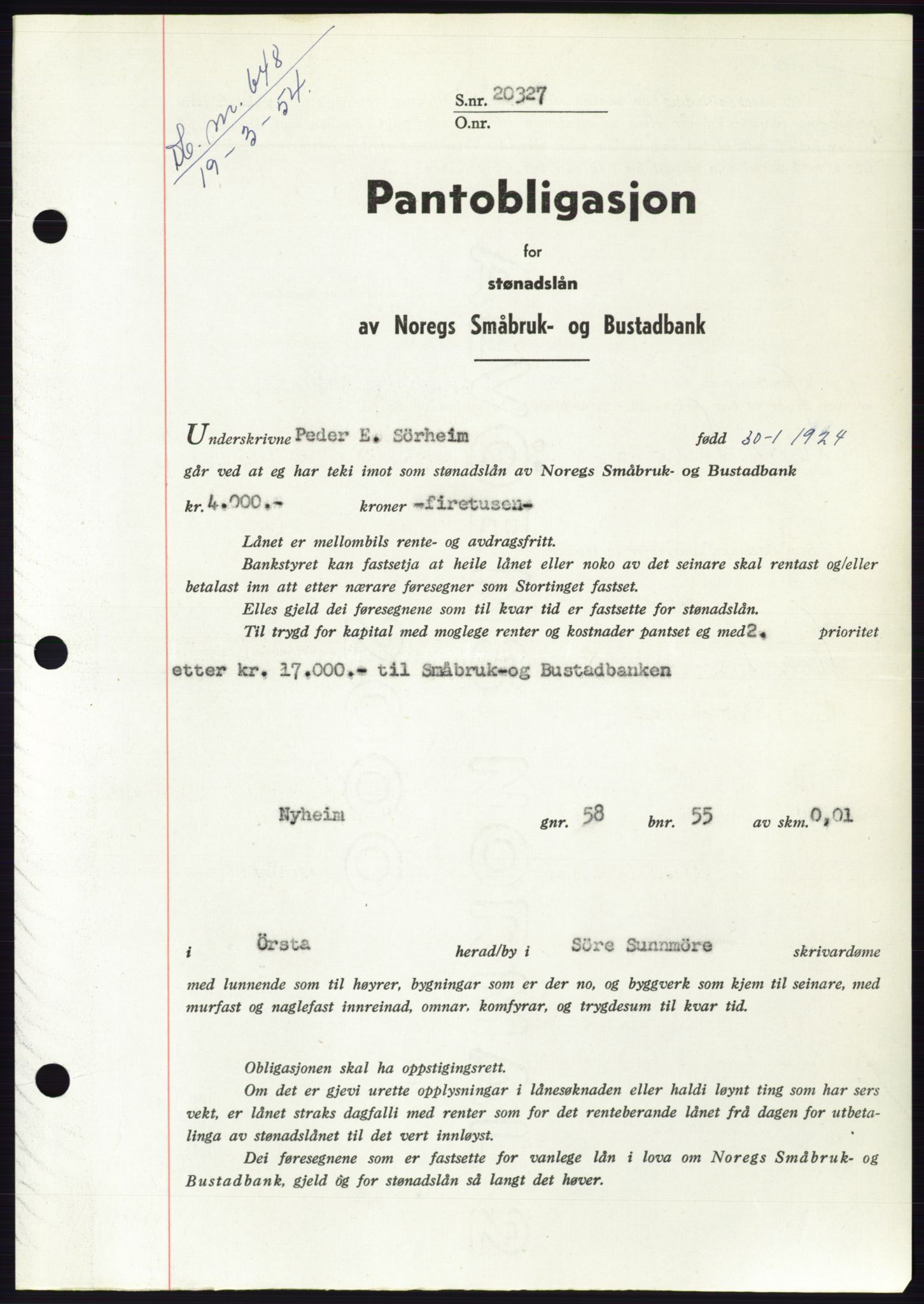 Søre Sunnmøre sorenskriveri, SAT/A-4122/1/2/2C/L0124: Pantebok nr. 12B, 1953-1954, Dagboknr: 648/1954