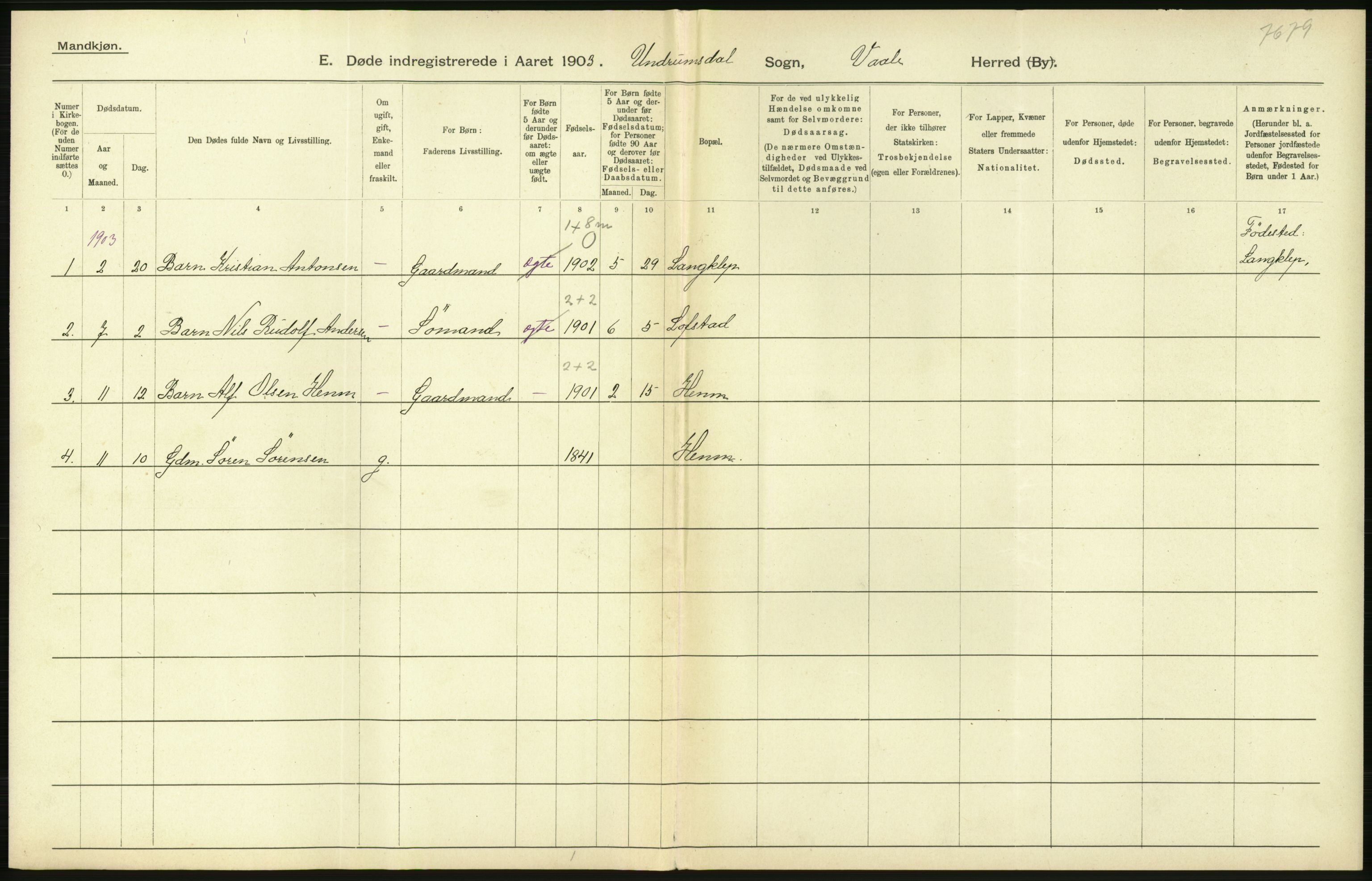 Statistisk sentralbyrå, Sosiodemografiske emner, Befolkning, AV/RA-S-2228/D/Df/Dfa/Dfaa/L0008: Jarlsberg og Larvik amt: Fødte, gifte, døde, 1903, s. 490