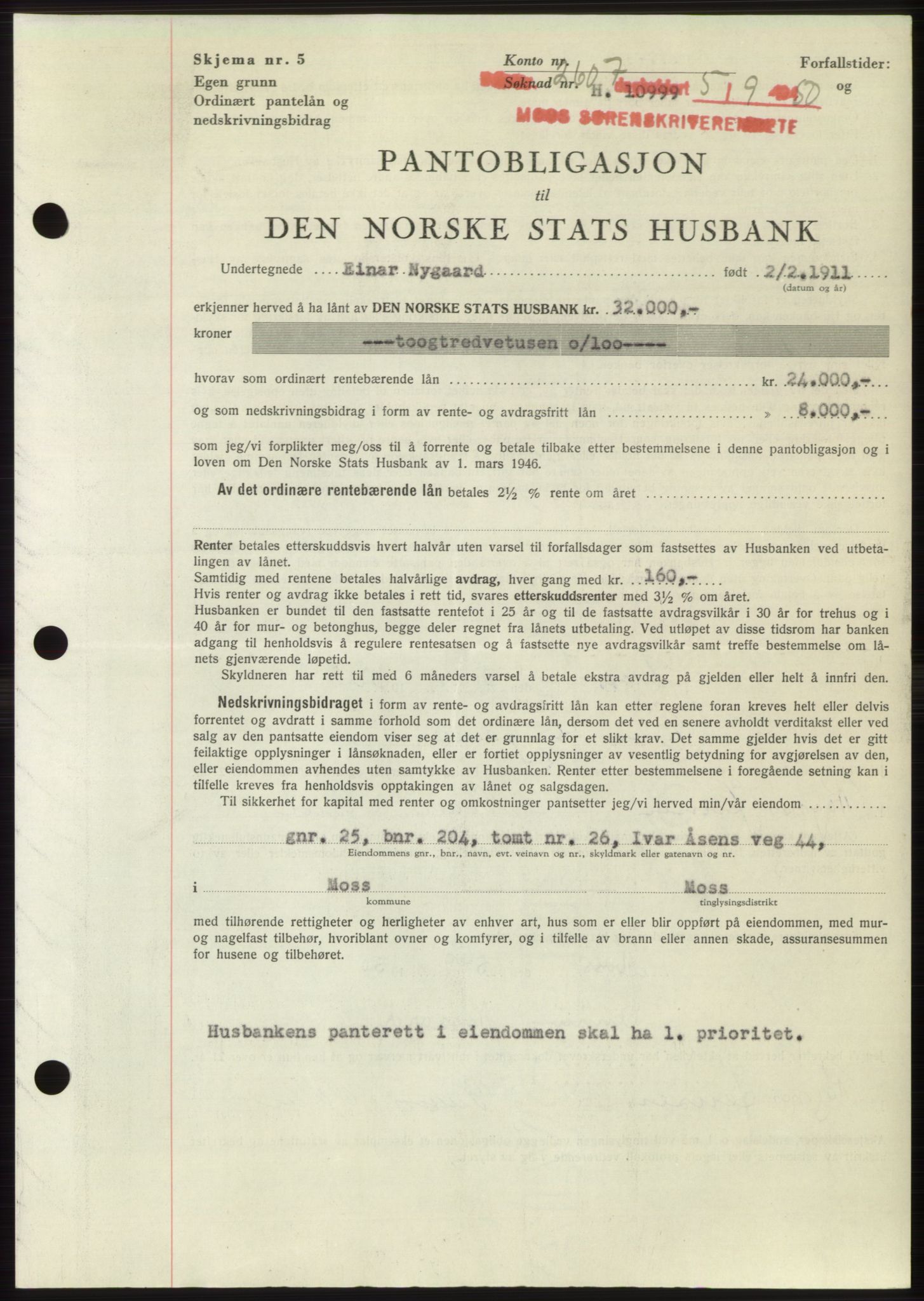 Moss sorenskriveri, SAO/A-10168: Pantebok nr. B25, 1950-1950, Dagboknr: 2607/1950