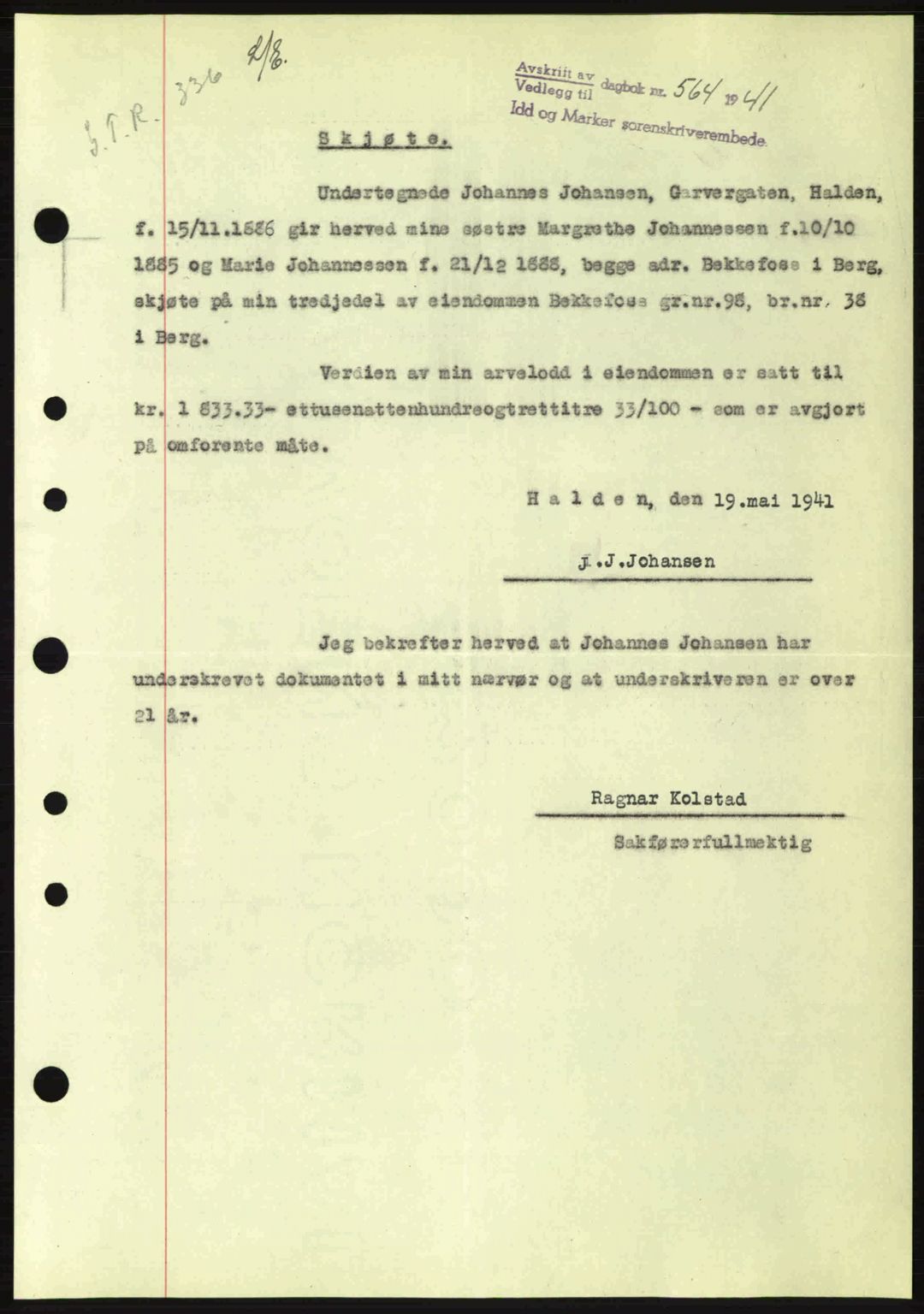 Idd og Marker sorenskriveri, AV/SAO-A-10283/G/Gb/Gbb/L0004: Pantebok nr. A4, 1940-1941, Dagboknr: 564/1941