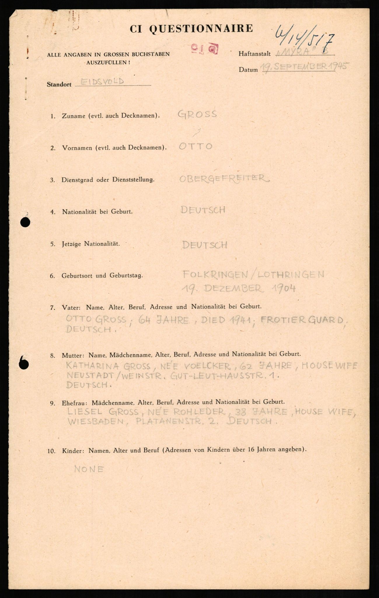 Forsvaret, Forsvarets overkommando II, AV/RA-RAFA-3915/D/Db/L0010: CI Questionaires. Tyske okkupasjonsstyrker i Norge. Tyskere., 1945-1946, s. 273