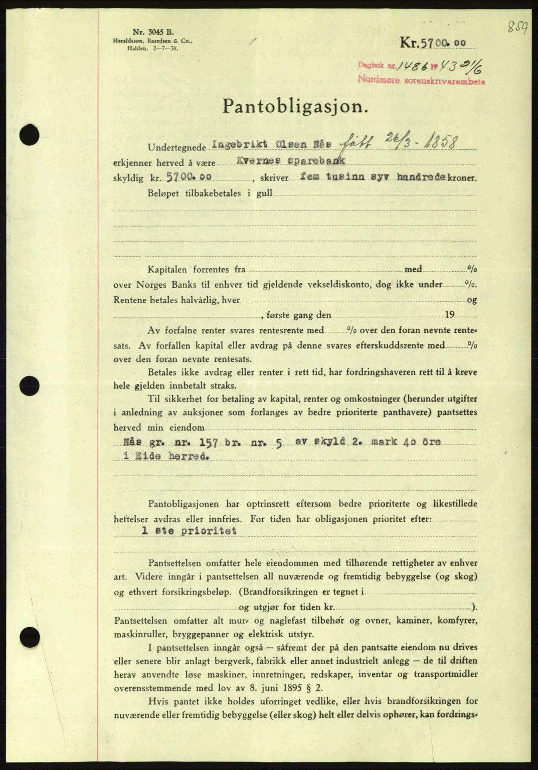 Nordmøre sorenskriveri, SAT/A-4132/1/2/2Ca: Pantebok nr. B90, 1942-1943, Dagboknr: 1486/1943