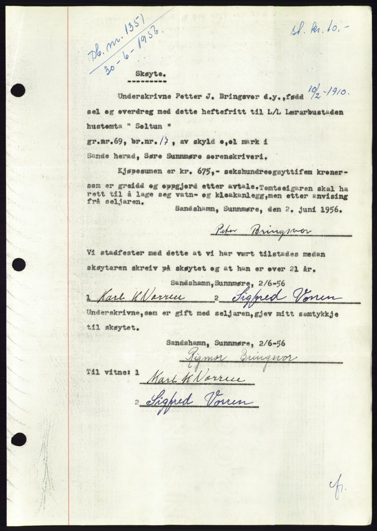 Søre Sunnmøre sorenskriveri, AV/SAT-A-4122/1/2/2C/L0104: Pantebok nr. 30A, 1956-1956, Dagboknr: 1351/1956