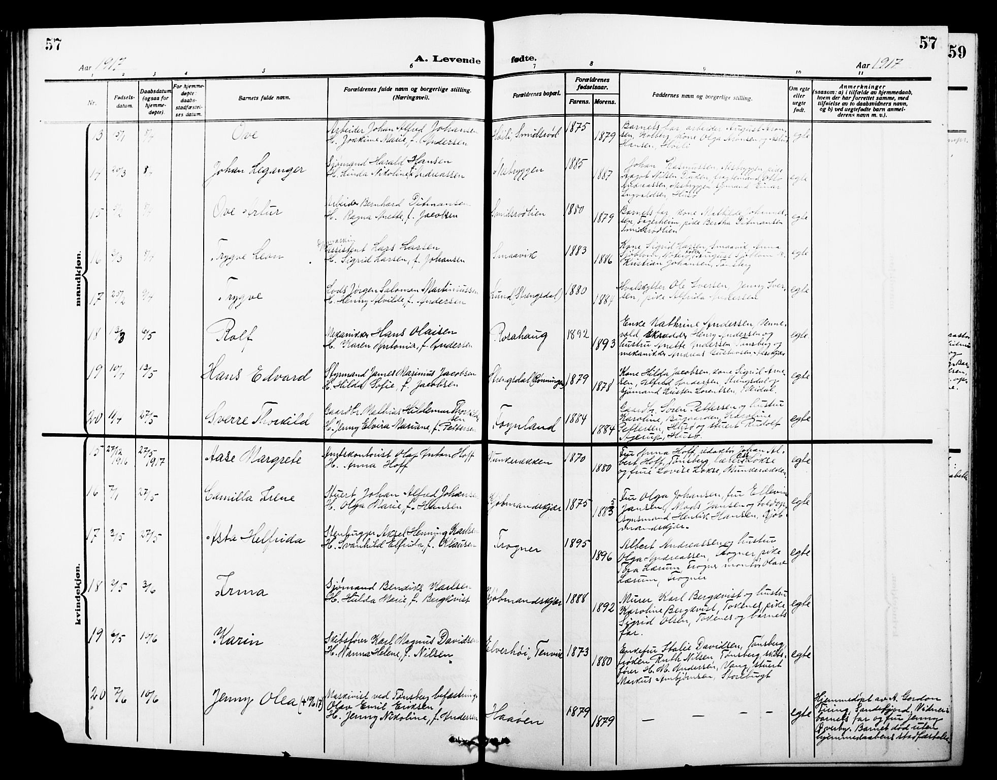 Nøtterøy kirkebøker, AV/SAKO-A-354/G/Ga/L0005: Klokkerbok nr. I 5, 1910-1924, s. 57