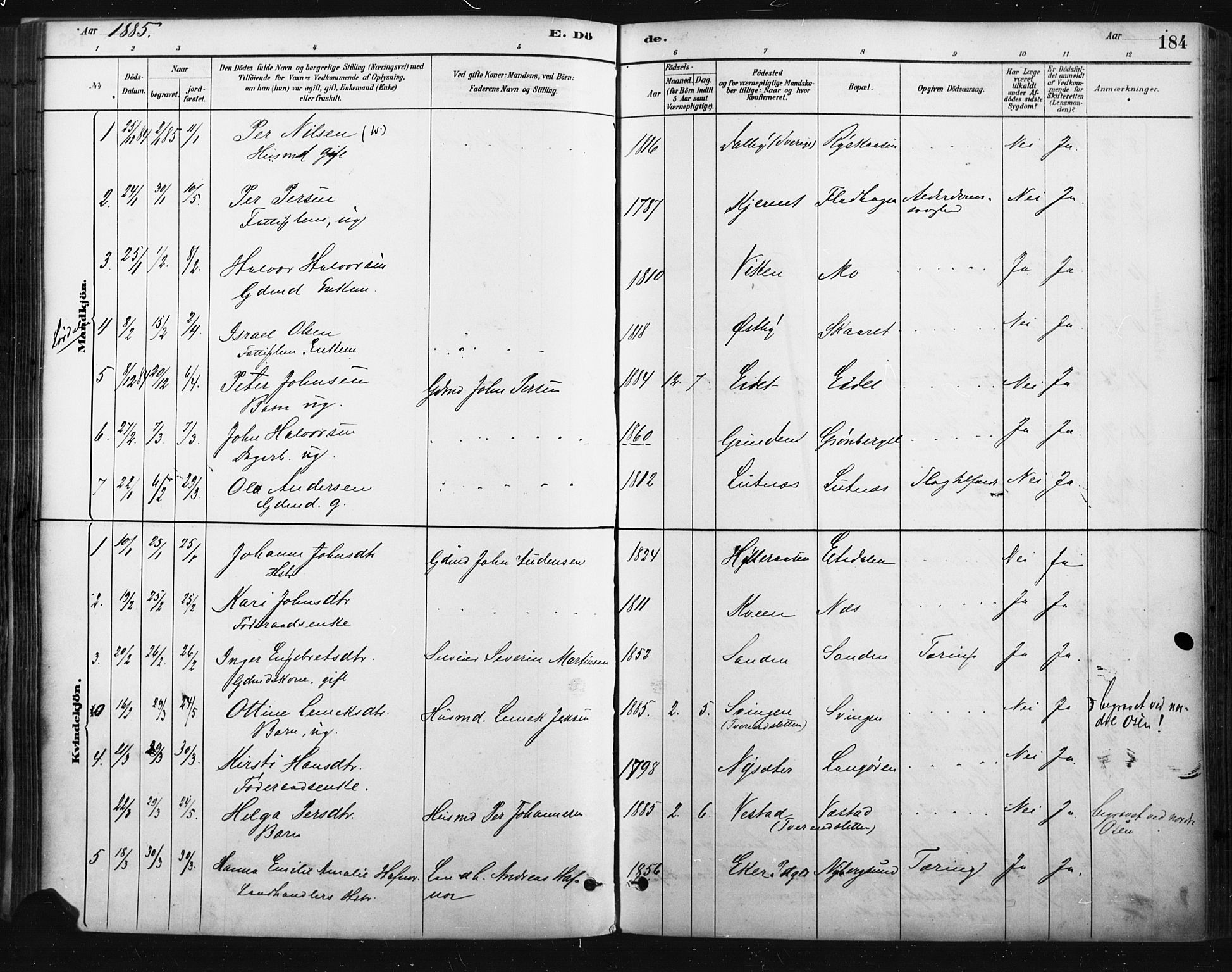 Trysil prestekontor, AV/SAH-PREST-046/H/Ha/Haa/L0009: Ministerialbok nr. 9, 1881-1897, s. 184