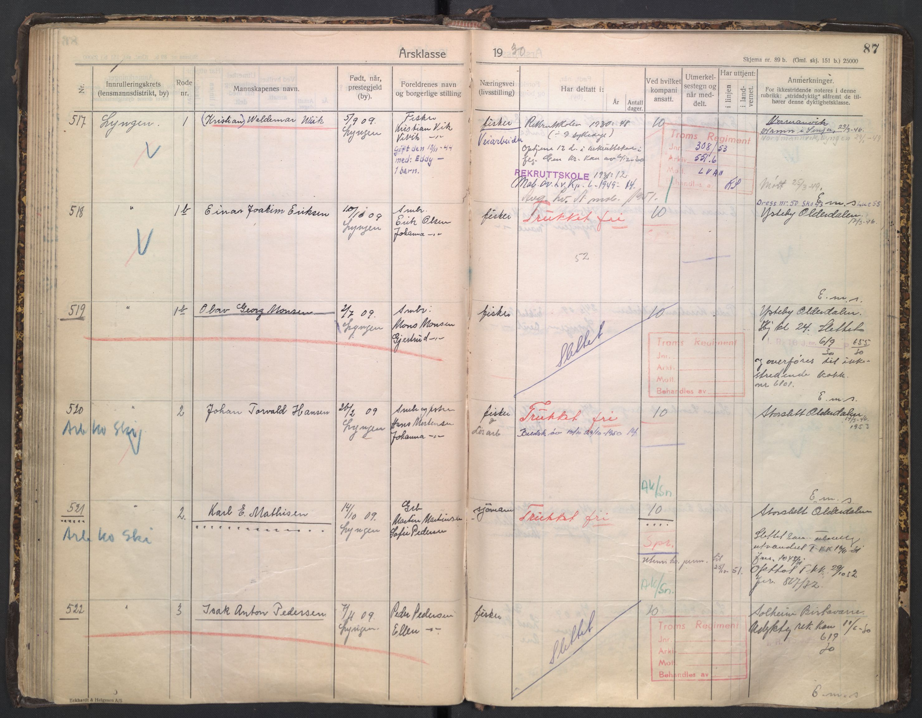 Forsvaret, Troms infanteriregiment nr. 16, AV/RA-RAFA-3146/P/Pa/L0005/0003: Ruller / Rulle for regimentets stridende menige mannskaper, årsklasse 1930, 1930, s. 87