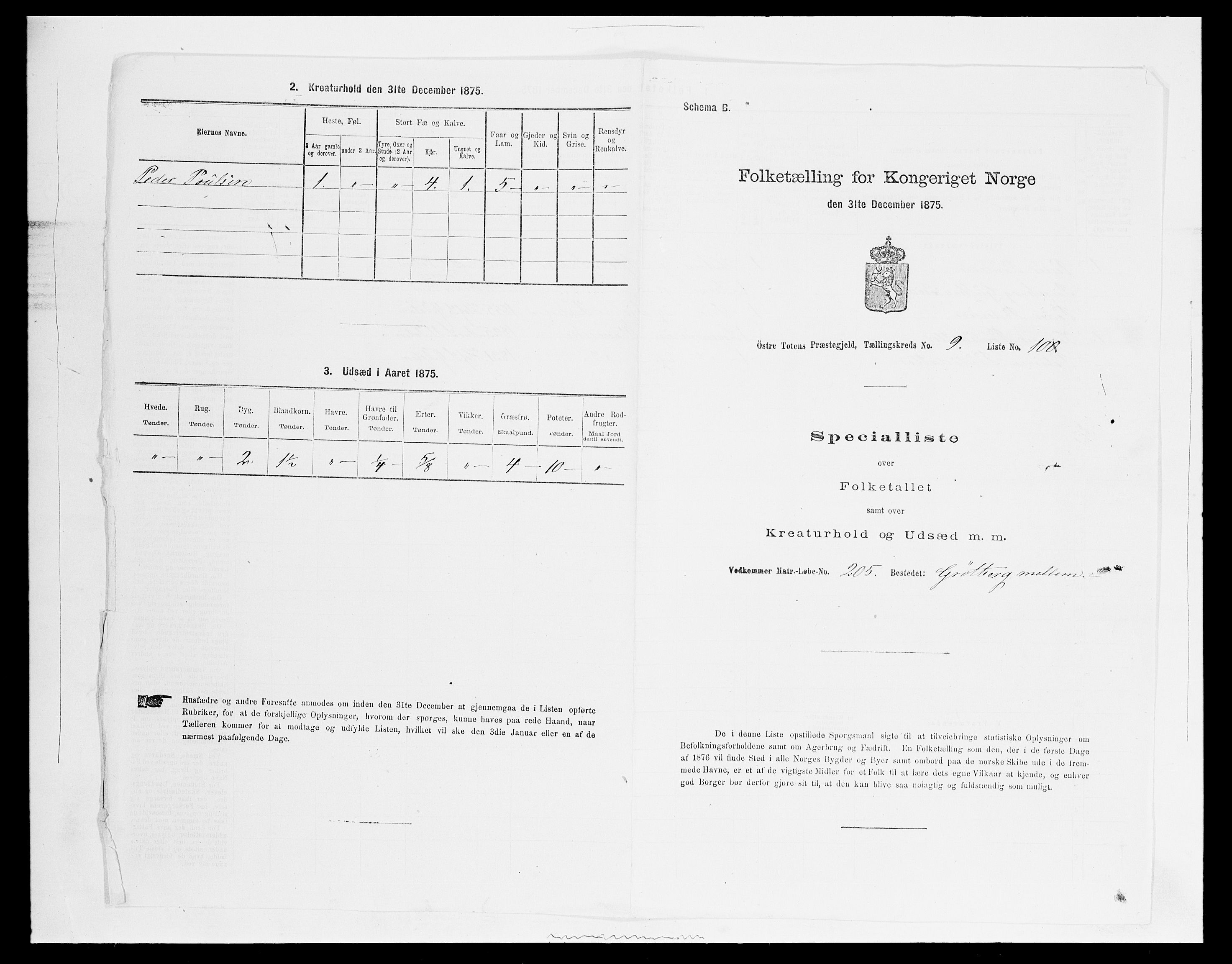 SAH, Folketelling 1875 for 0528P Østre Toten prestegjeld, 1875, s. 1813