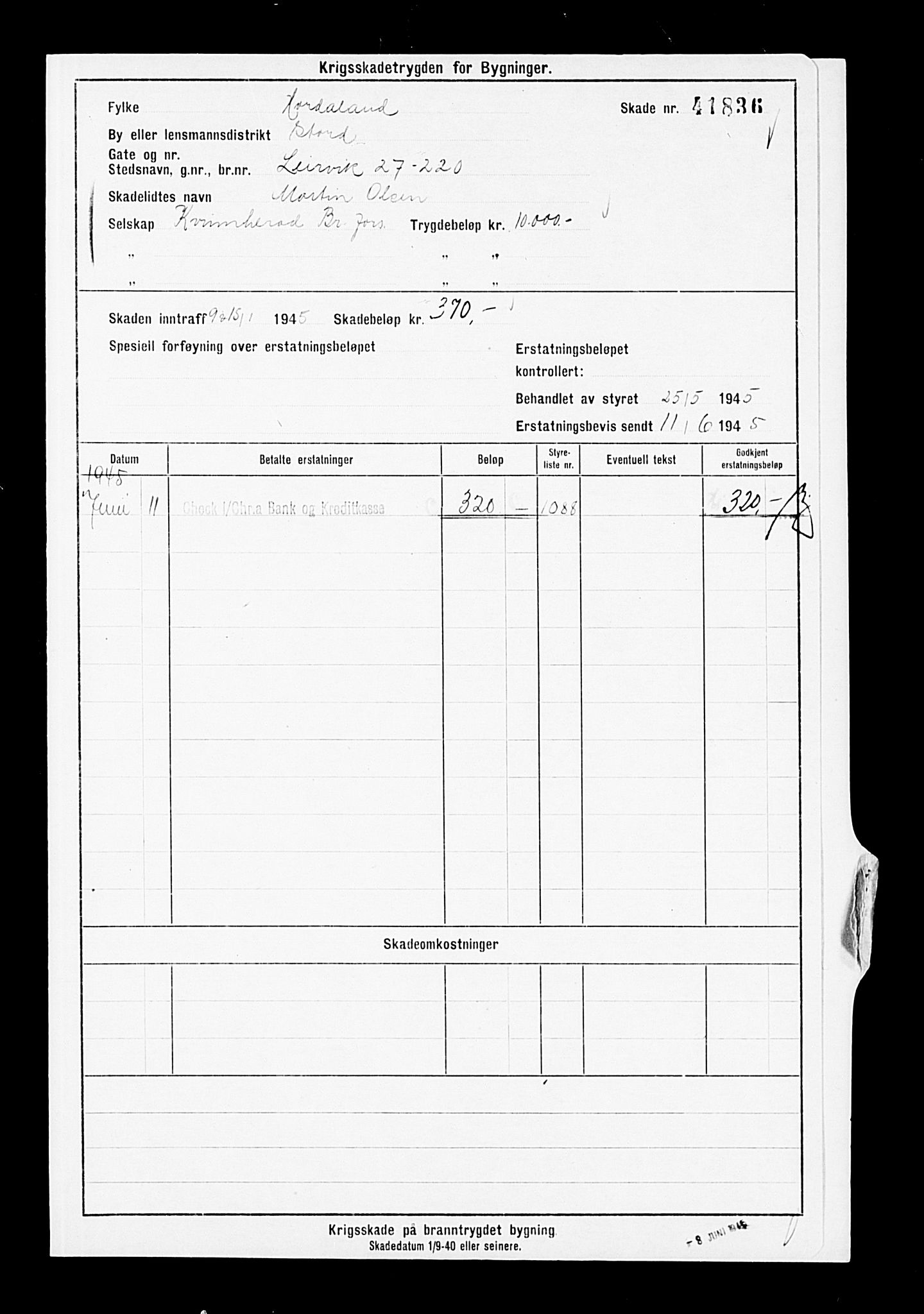 Krigsskadetrygdene for bygninger og løsøre, AV/RA-S-1548/V/L0007: Bygning. Trygdete skader inntruffet etter 1/9-40. Skadenr. 41825-44247. positiv Original, 1940-1945