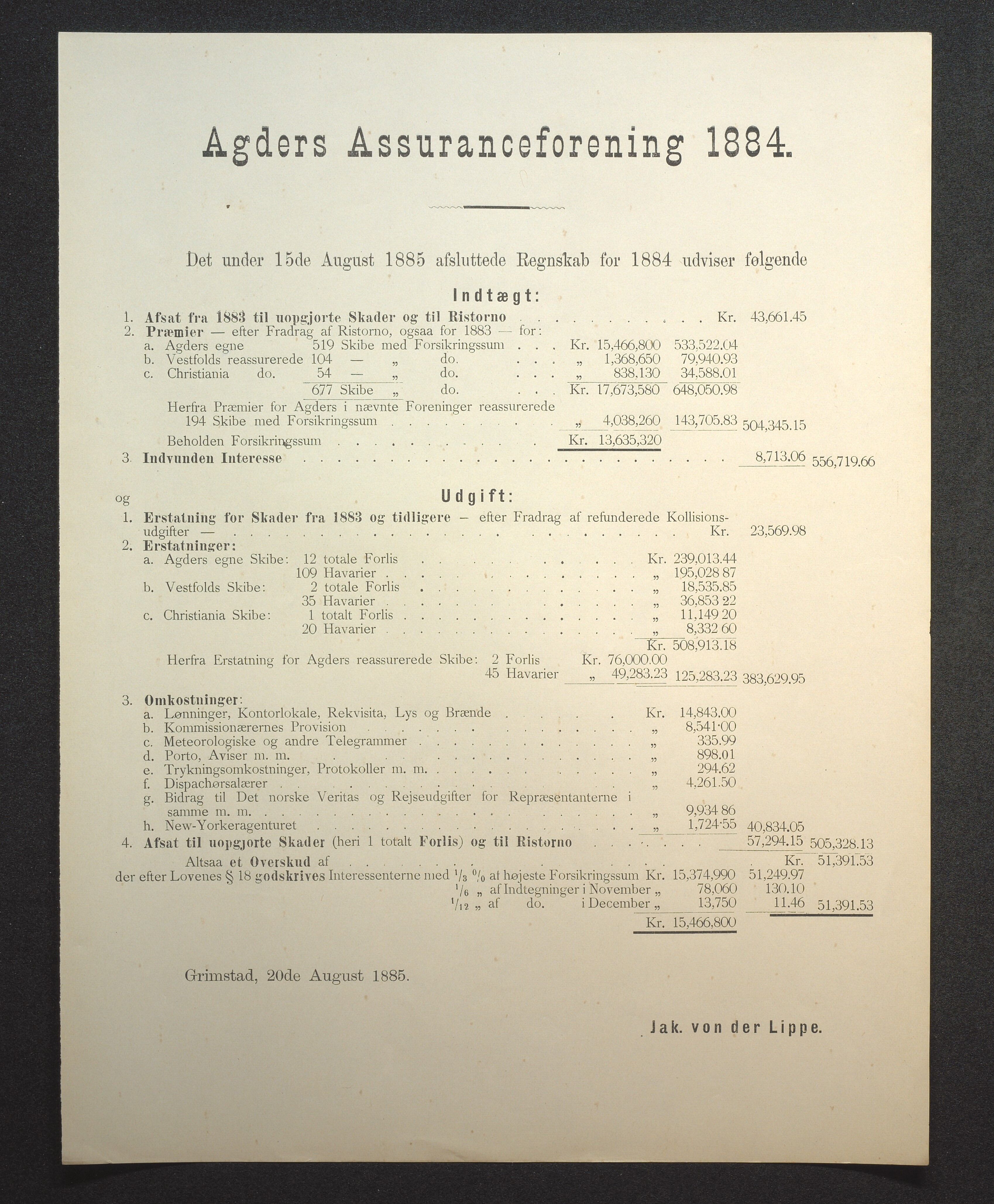 Agders Gjensidige Assuranceforening, AAKS/PA-1718/05/L0002: Regnskap, seilavdeling, pakkesak, 1881-1889