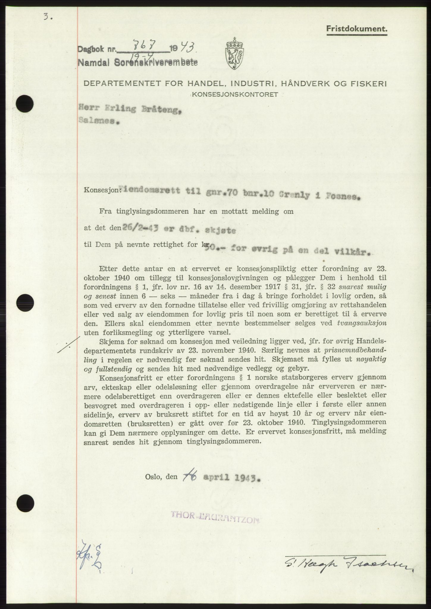 Namdal sorenskriveri, SAT/A-4133/1/2/2C: Pantebok nr. -, 1942-1943, Dagboknr: 767/1943