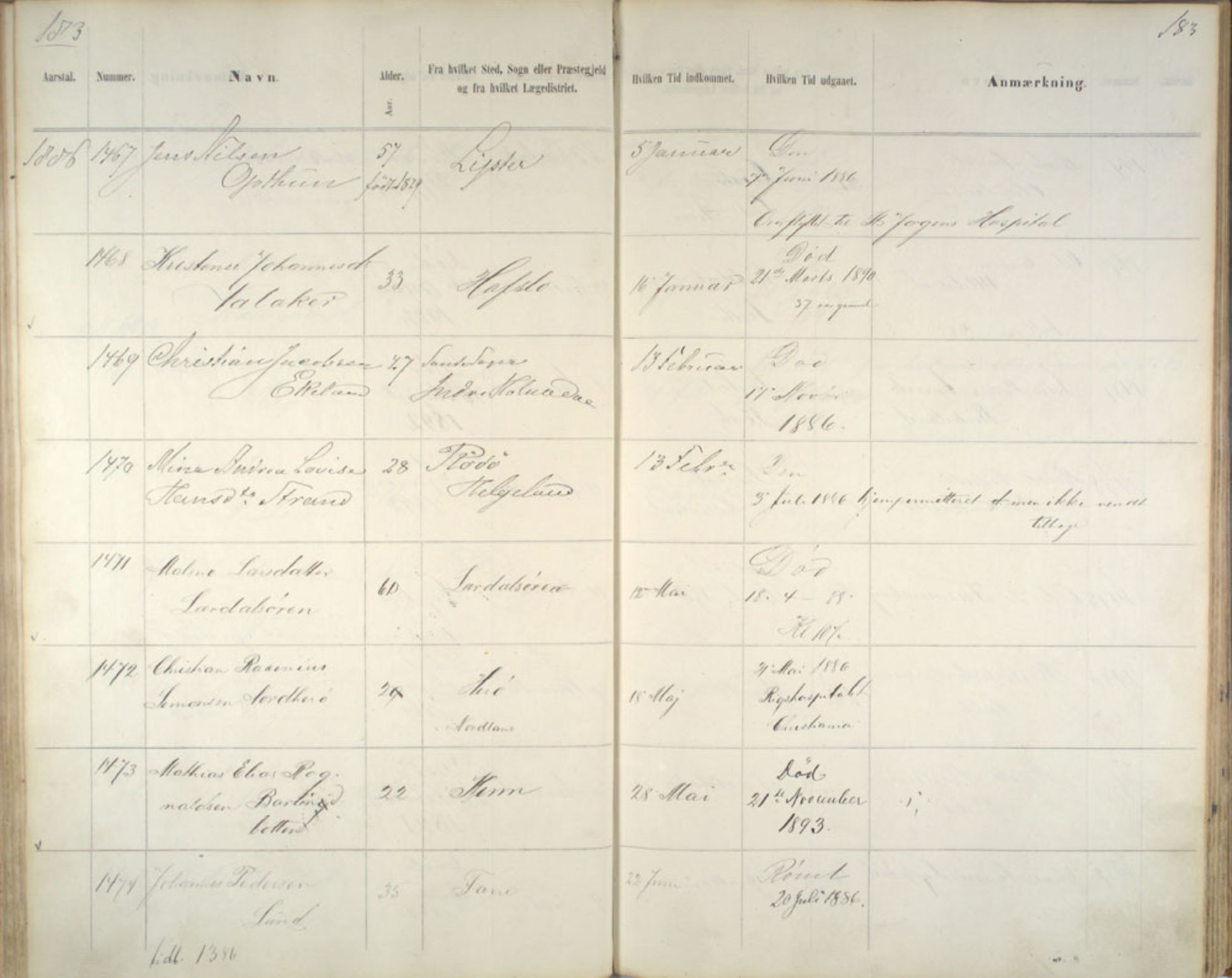 Lepraarkiver - Pleiestiftelsen for spedalske no.1, AV/SAB-A-60601/C/L0005: Av- og tilgangsliste, 1857-1955, s. 183