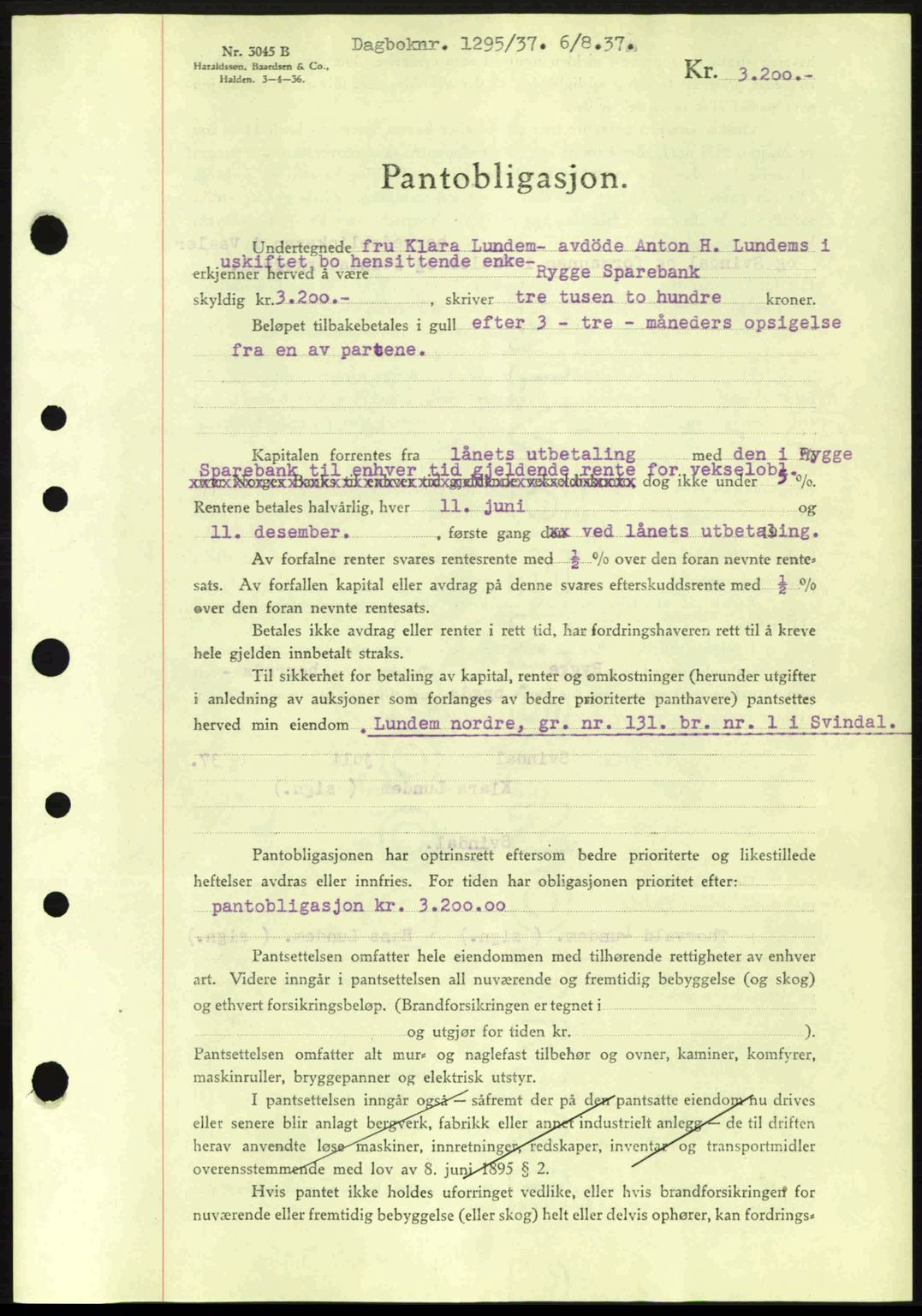 Moss sorenskriveri, SAO/A-10168: Pantebok nr. B3, 1937-1937, Dagboknr: 1295/1937