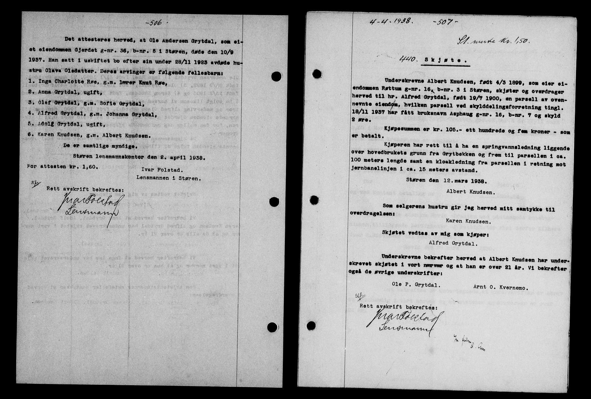 Gauldal sorenskriveri, SAT/A-0014/1/2/2C/L0048: Pantebok nr. 51-52, 1937-1938, s. 506-507, Dagboknr: 440/1938
