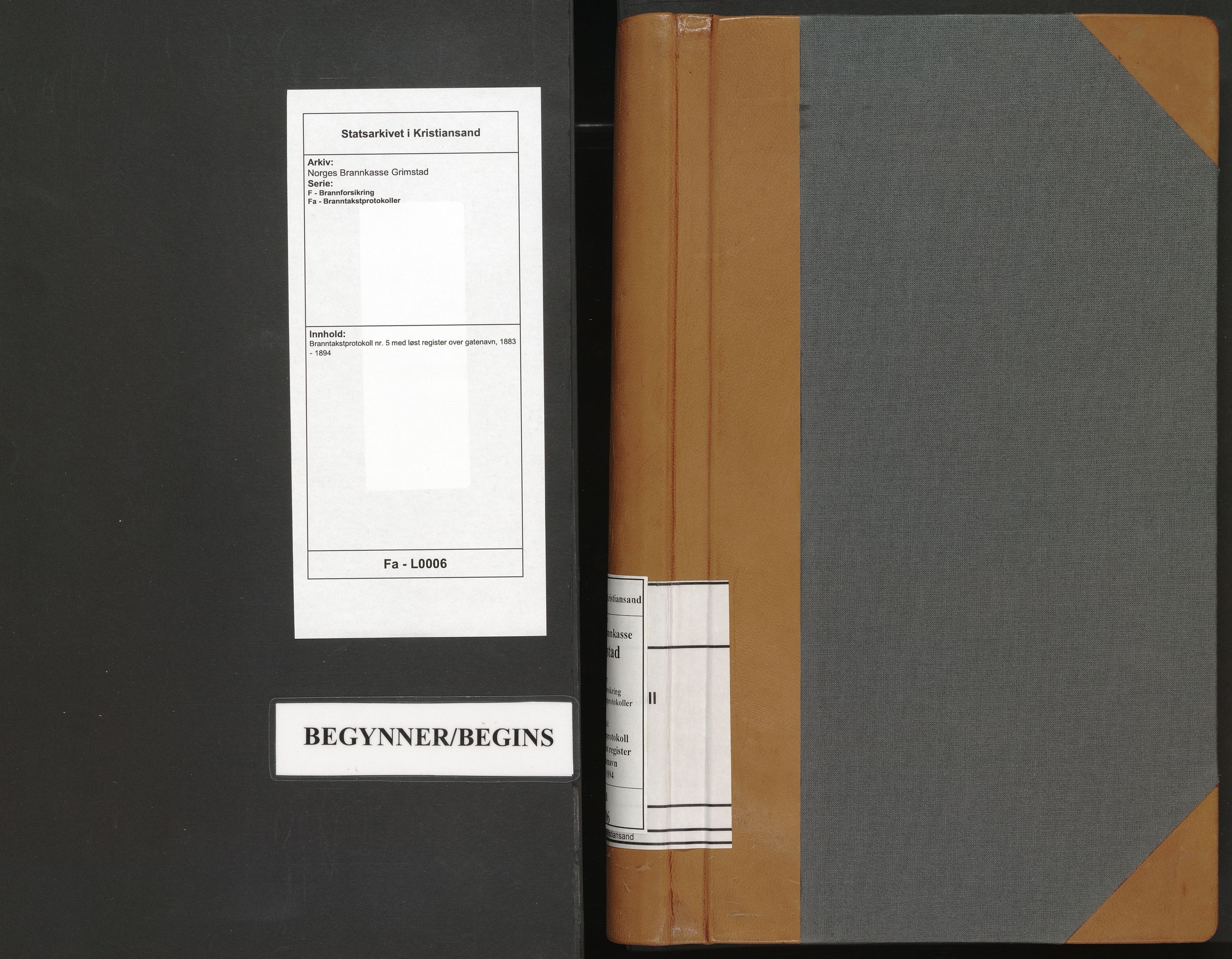 Norges Brannkasse Grimstad, SAK/2241-0018/F/Fa/L0006: Branntakstprotokoll nr. 5 med løst register over gatenavn, 1883-1894