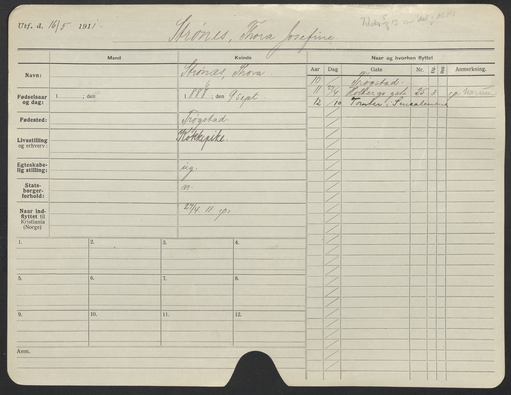 Oslo folkeregister, Registerkort, AV/SAO-A-11715/F/Fa/Fac/L0024: Kvinner, 1906-1914, s. 475a