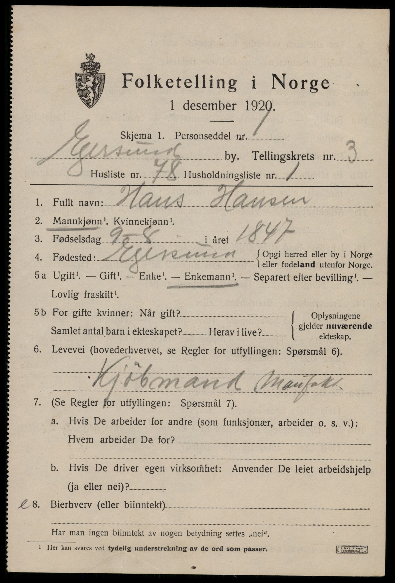 SAST, Folketelling 1920 for 1101 Egersund ladested, 1920, s. 5990