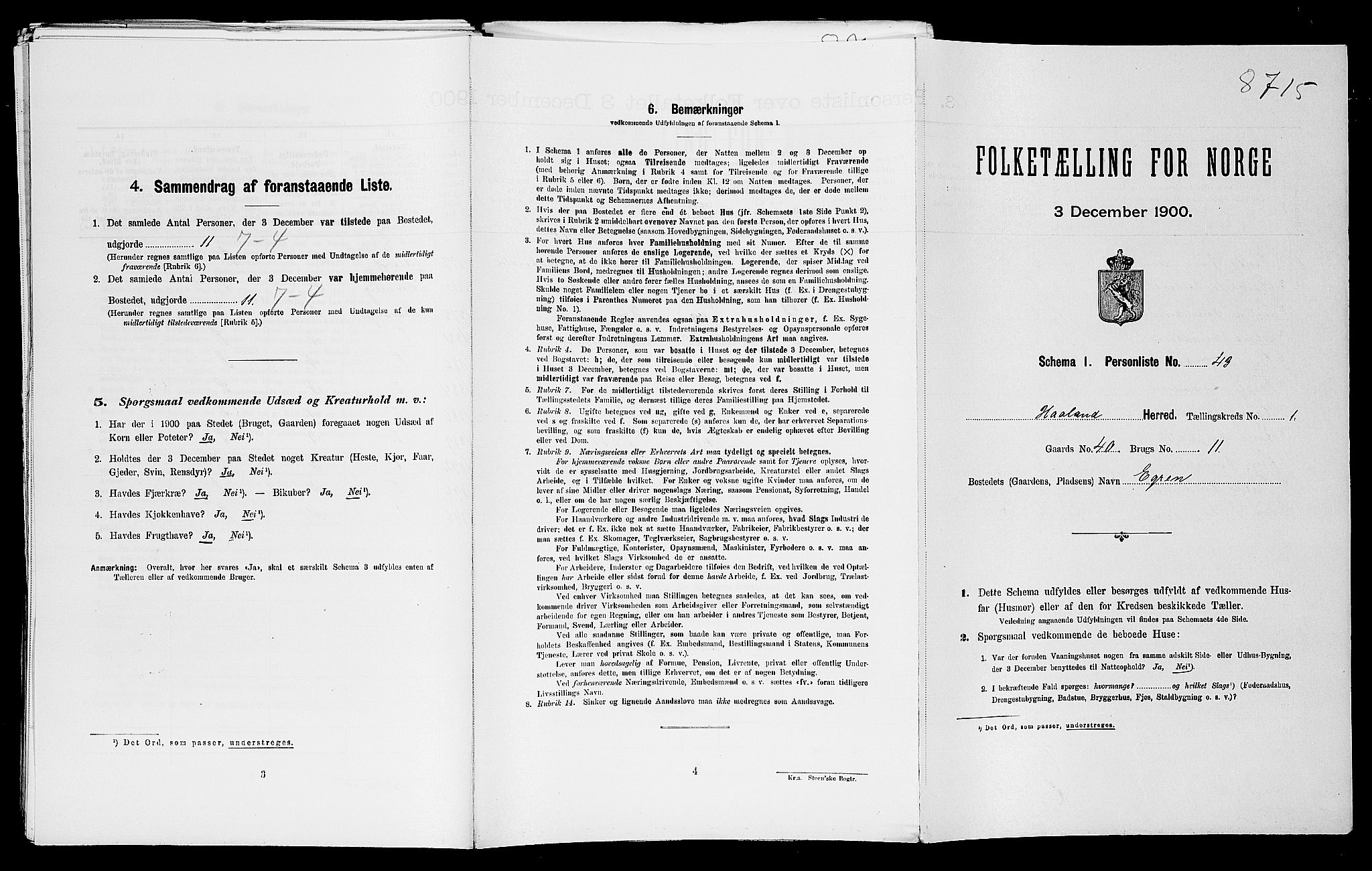SAST, Folketelling 1900 for 1124 Haaland herred, 1900, s. 182