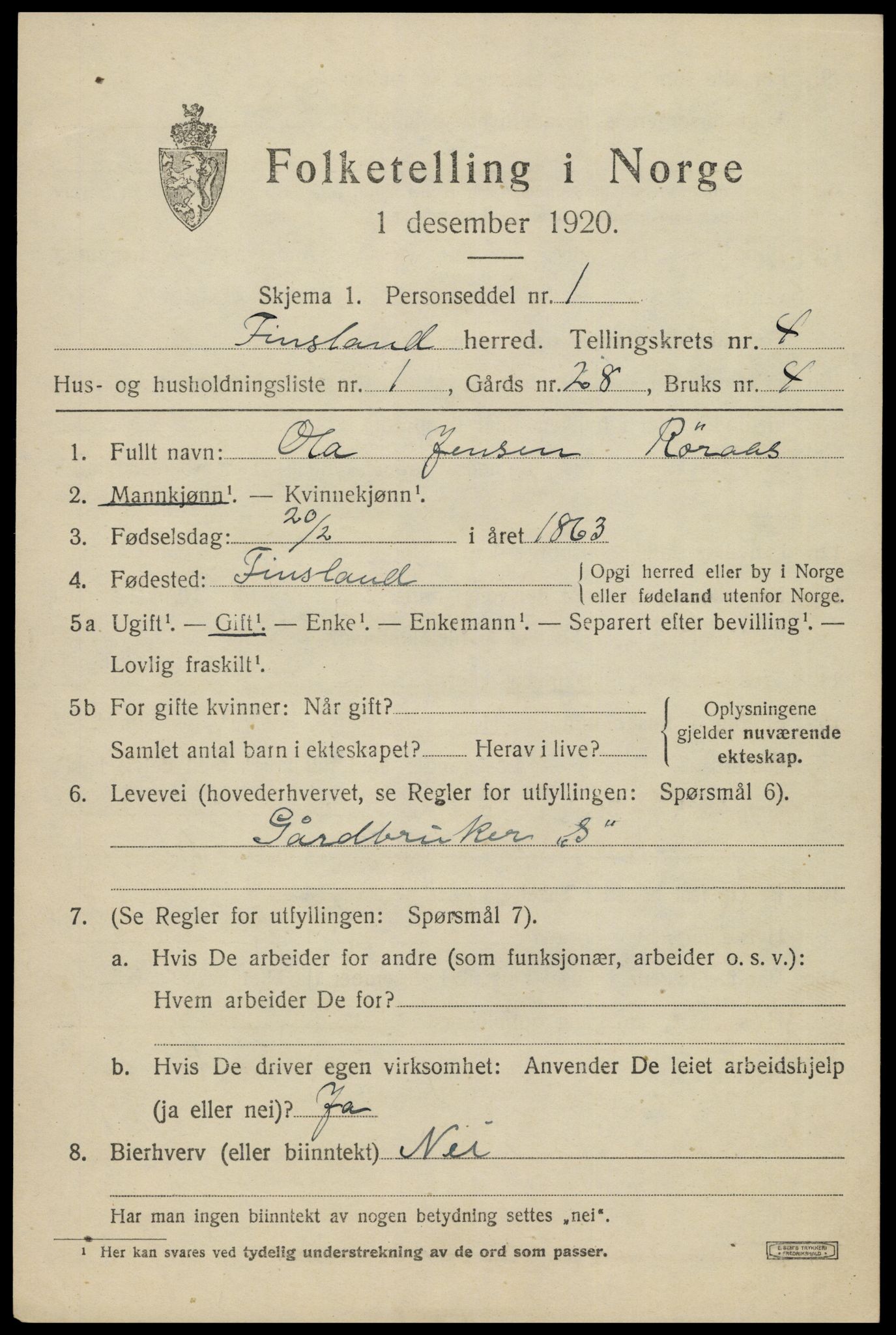 SAK, Folketelling 1920 for 1023 Finsland herred, 1920, s. 1602