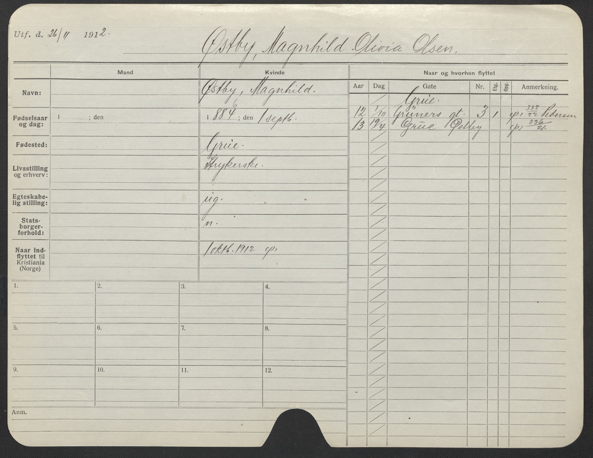 Oslo folkeregister, Registerkort, AV/SAO-A-11715/F/Fa/Fac/L0025: Kvinner, 1906-1914, s. 1074a