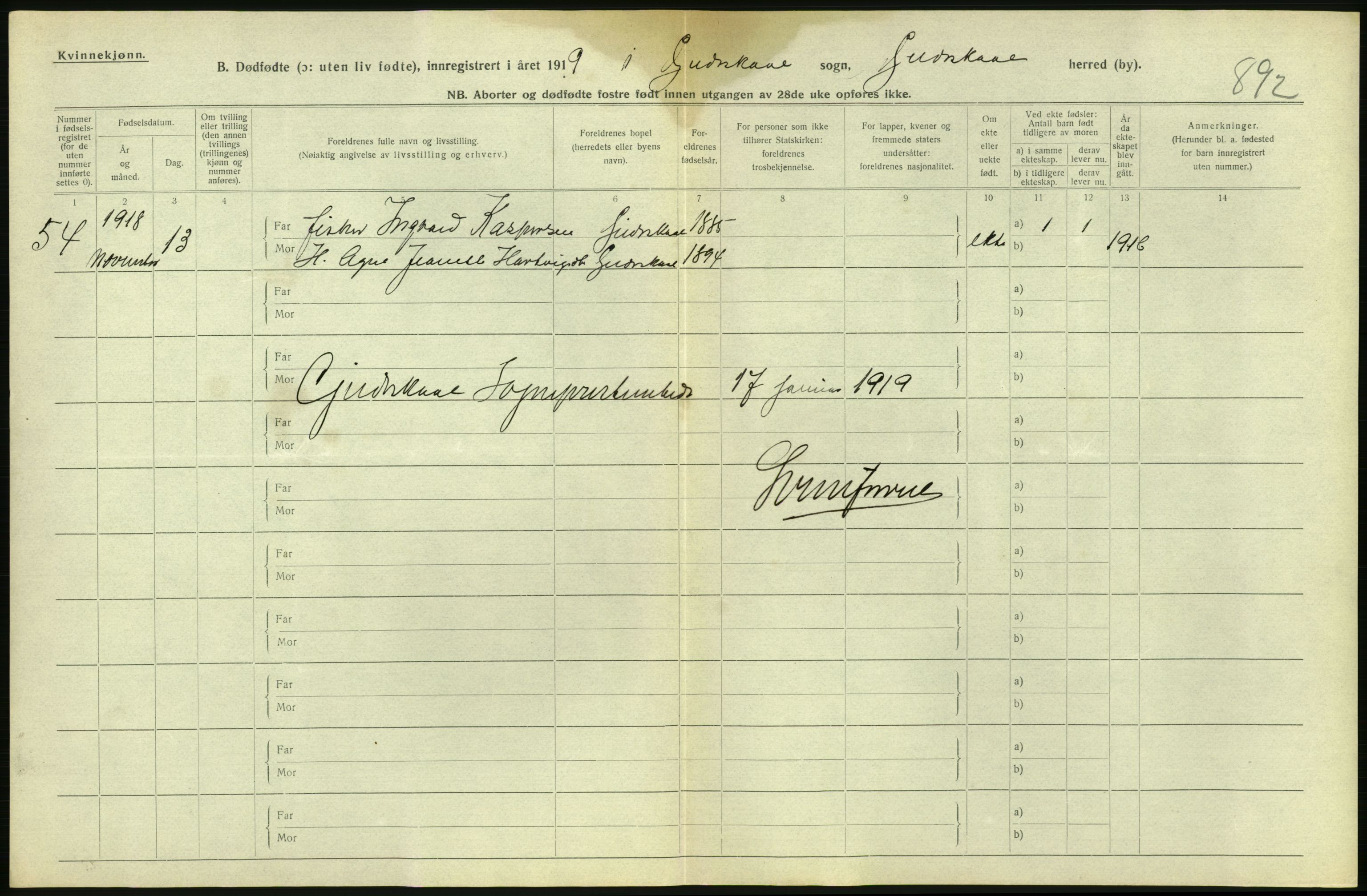 Statistisk sentralbyrå, Sosiodemografiske emner, Befolkning, RA/S-2228/D/Df/Dfb/Dfbh/L0054: Nordland fylke: Gifte, dødfødte. Bygder og byer., 1918, s. 450