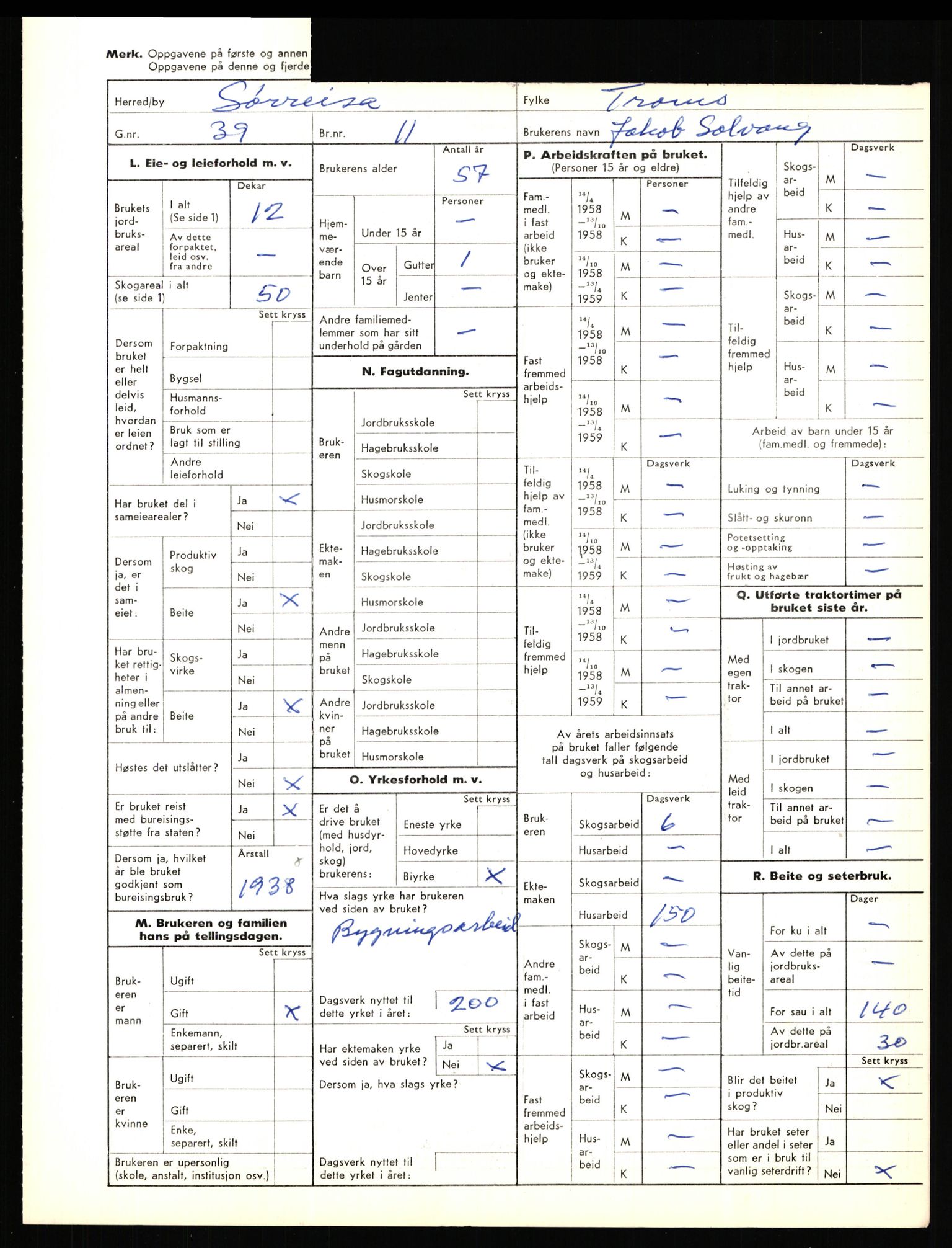 Statistisk sentralbyrå, Næringsøkonomiske emner, Jordbruk, skogbruk, jakt, fiske og fangst, AV/RA-S-2234/G/Gd/L0656: Troms: 1924 Målselv (kl. 0-3) og 1925 Sørreisa, 1959, s. 1446