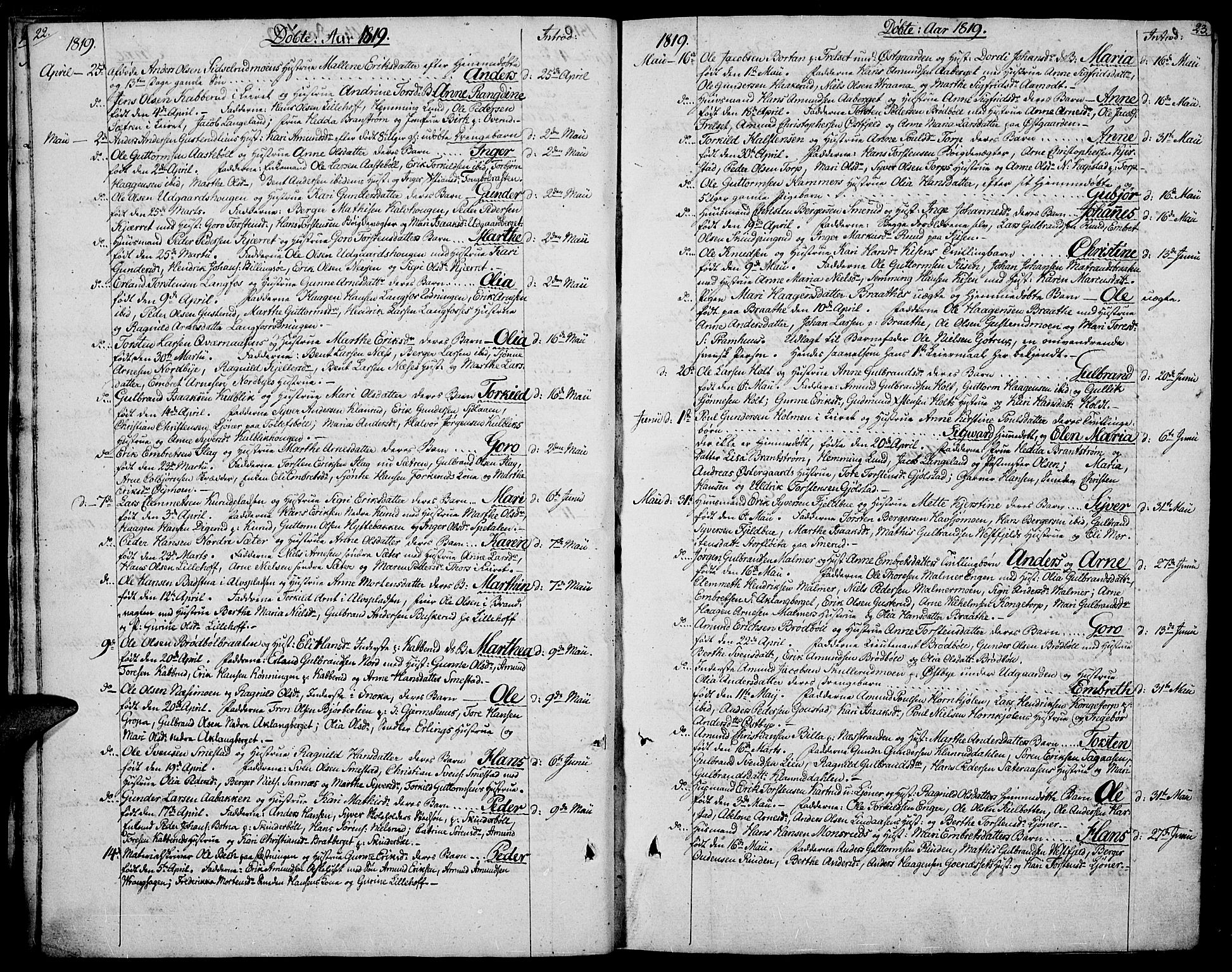 Vinger prestekontor, AV/SAH-PREST-024/H/Ha/Hab/L0002: Klokkerbok nr. 2, 1818-1834, s. 22-23
