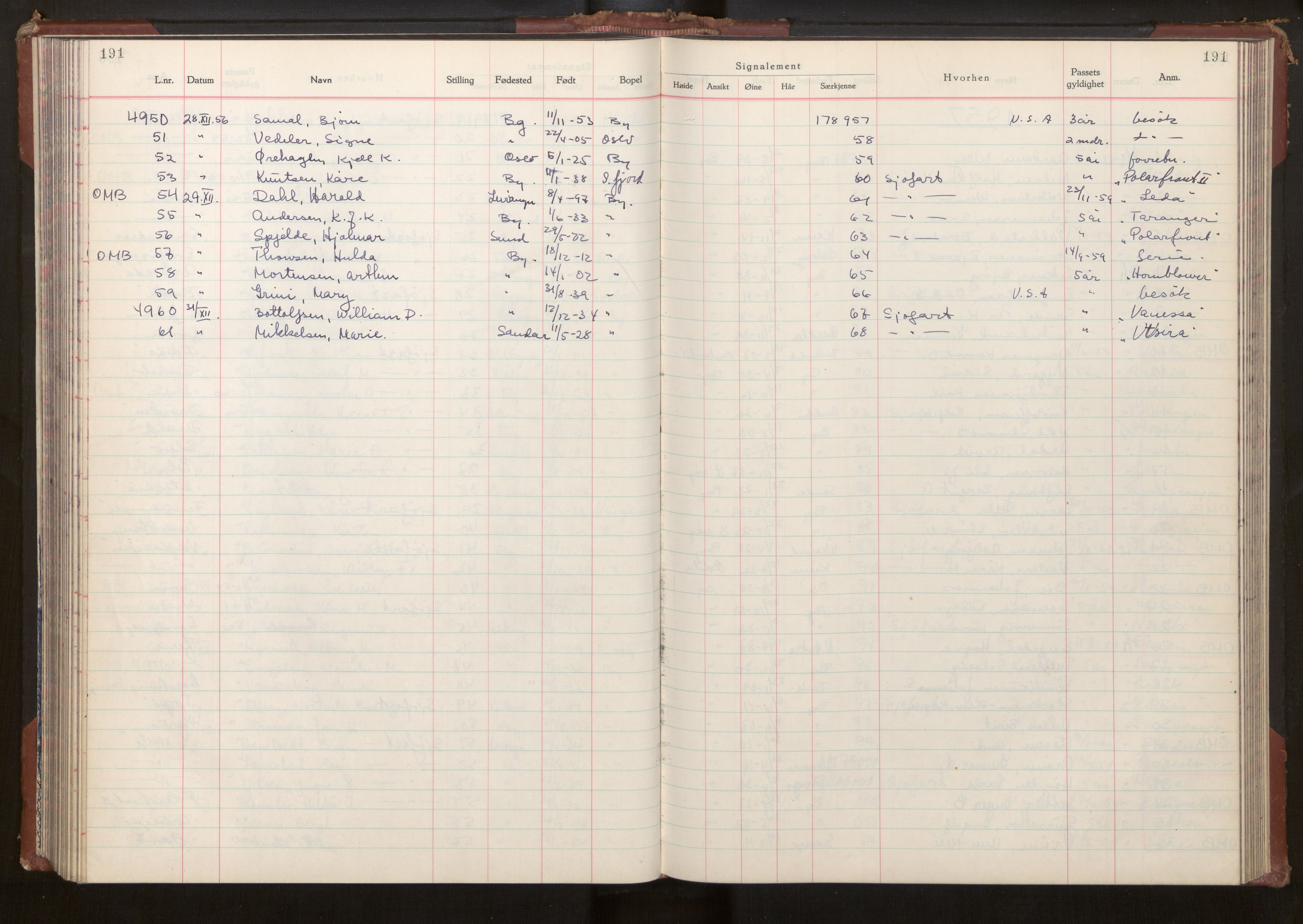 Bergen politikammer / politidistrikt, AV/SAB-A-60401/L/La/Lab/L0021: Passprotokoll, 1955-1957