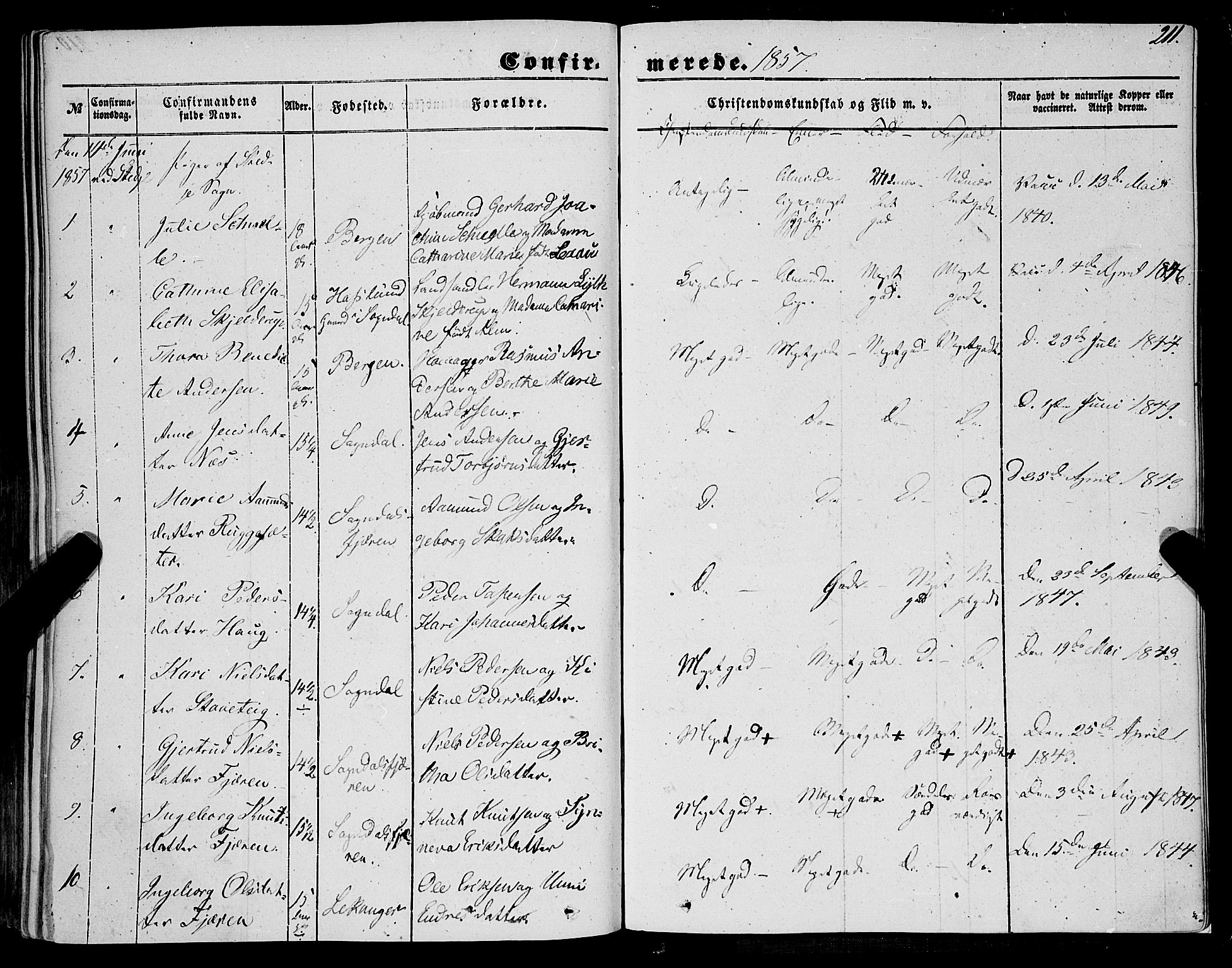 Sogndal sokneprestembete, AV/SAB-A-81301/H/Haa/Haaa/L0012I: Ministerialbok nr. A 12I, 1847-1859, s. 211
